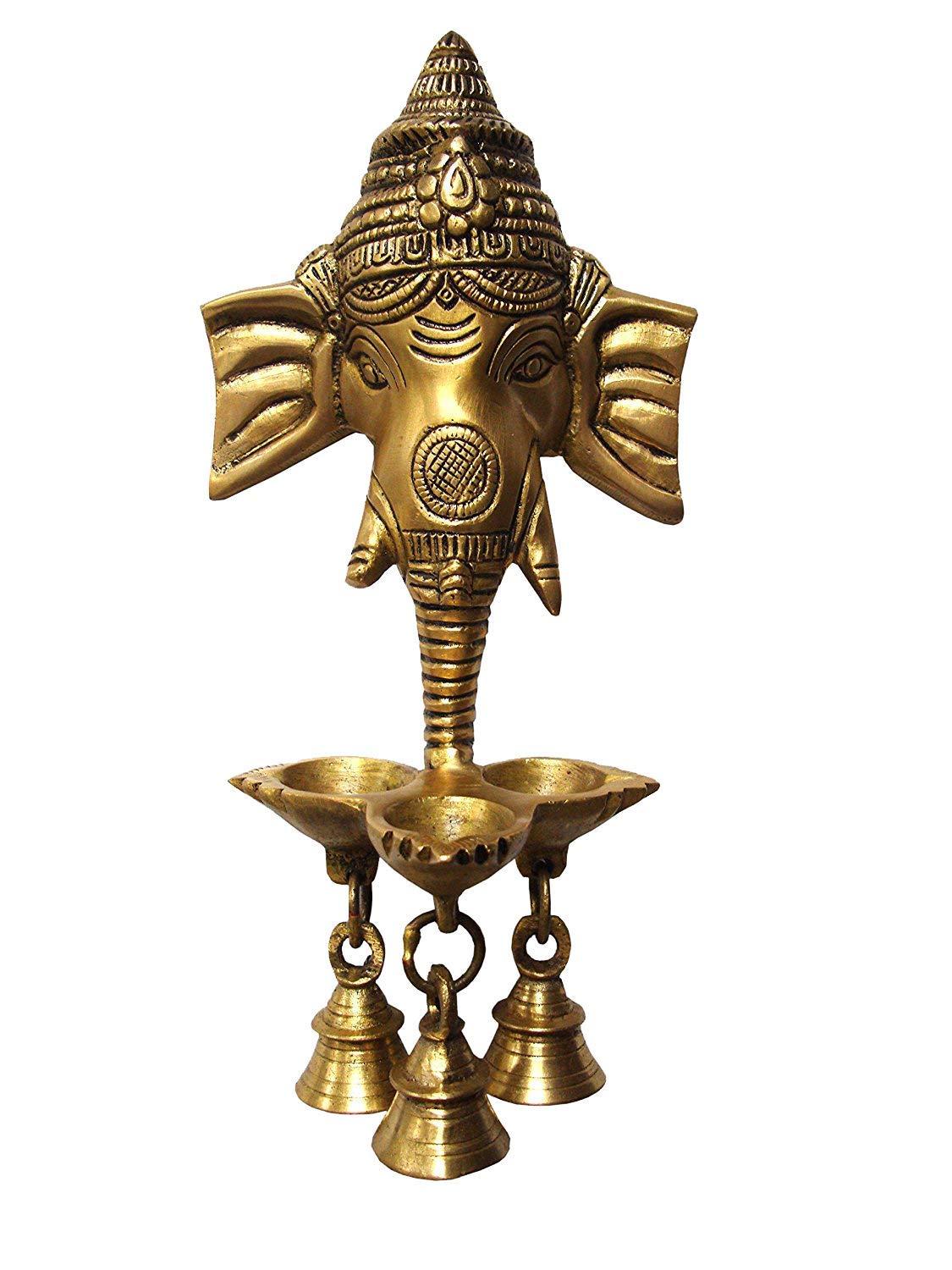 eSplanade - 9.5" Brass Ganesha Ganesh Ganpati Wall Hanging Deepak With Bells | Brass Diya |