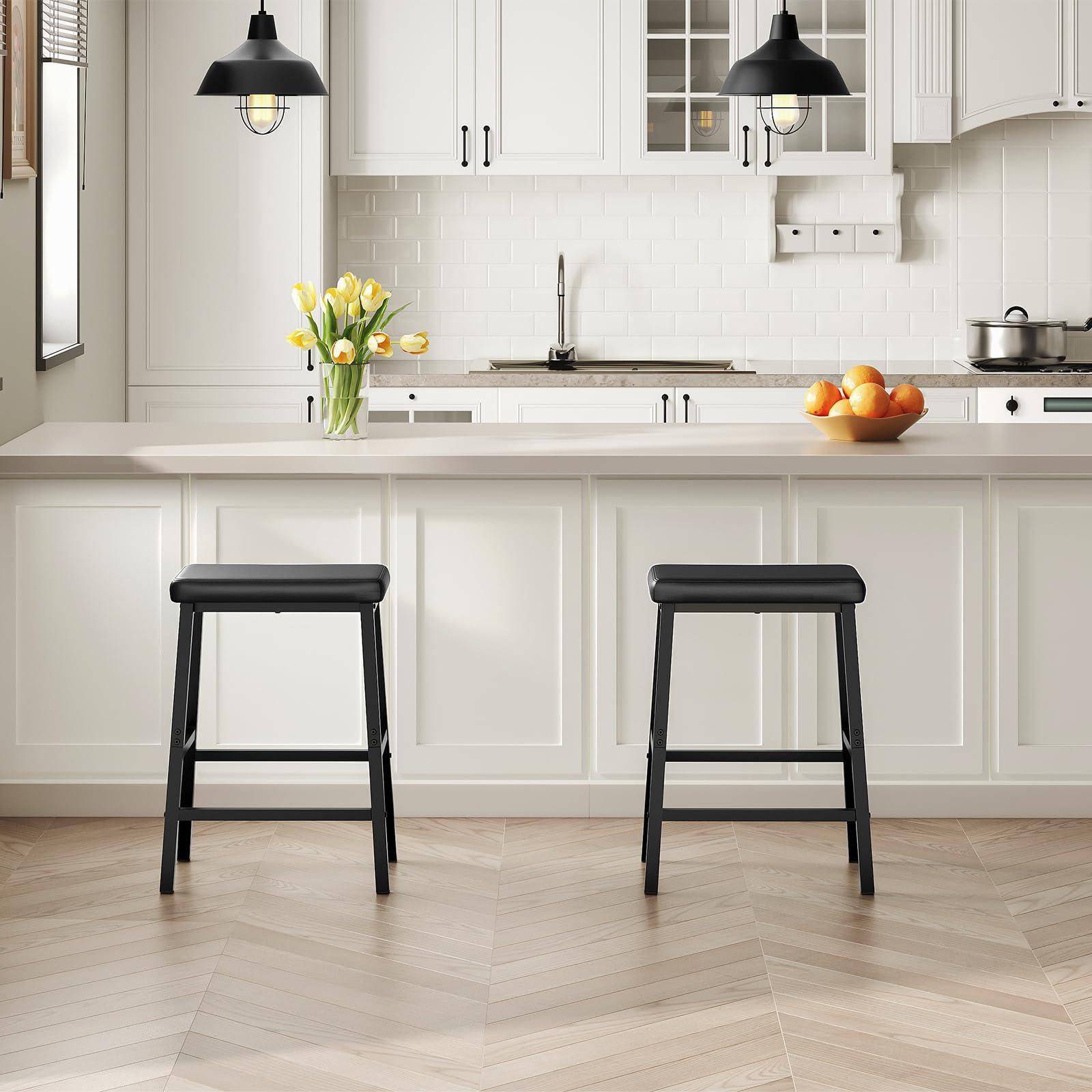 HOOBRO Bar Stools, 24" Set of 2 Bar Chairs, PU Leather Upholstered Breakfast Stools, Easy Assembly, Suitable for Kitchen, Bar, Dining Room, Black BB01MD01 - Image 2