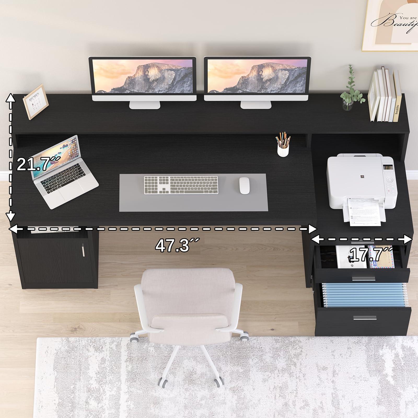 YOMILUVE Computer Desk with 3 Drawer & Storage Shelves, Home Office Desk with File Drawer & Cabinet, Writing Study Table with Long Monitor Stand & Printer Shelf, Executive Desk, Black - Image 4