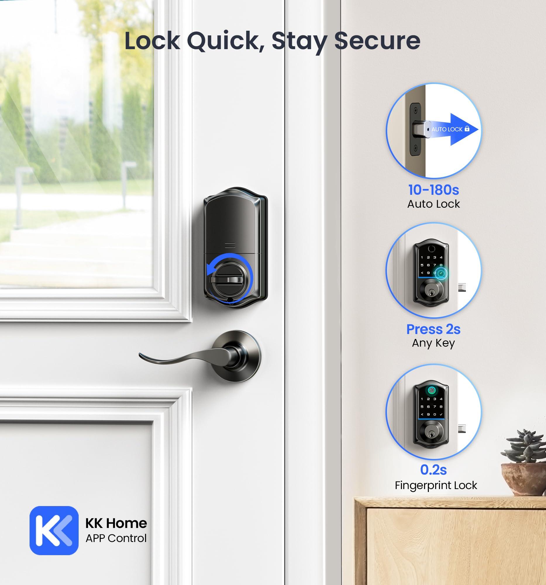 Veise VE017-L Fingerprint Smart Lock with 2 Lever Handles, Keyless Entry Front Door Lock Set, App Control, Electronic Digital Keypad Deadbolt, Easy Installation, Emergency Power Port, Matte Black - Image 3