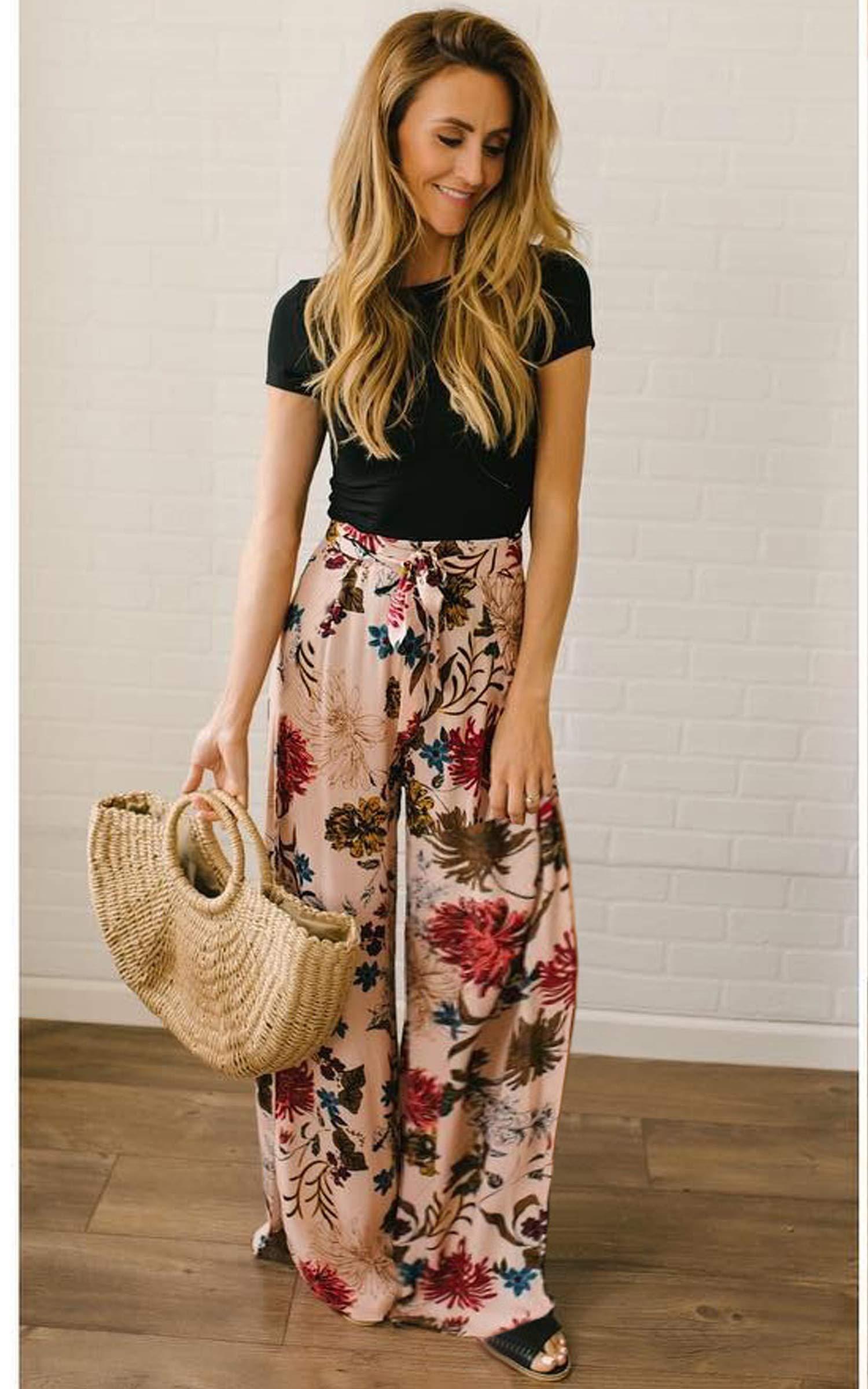 ECOWISH Wide Leg Pants for Women Summer 2025 Palazzo Tropical Floral Casual High Waist Flared Trousers with Pockets - Image 2