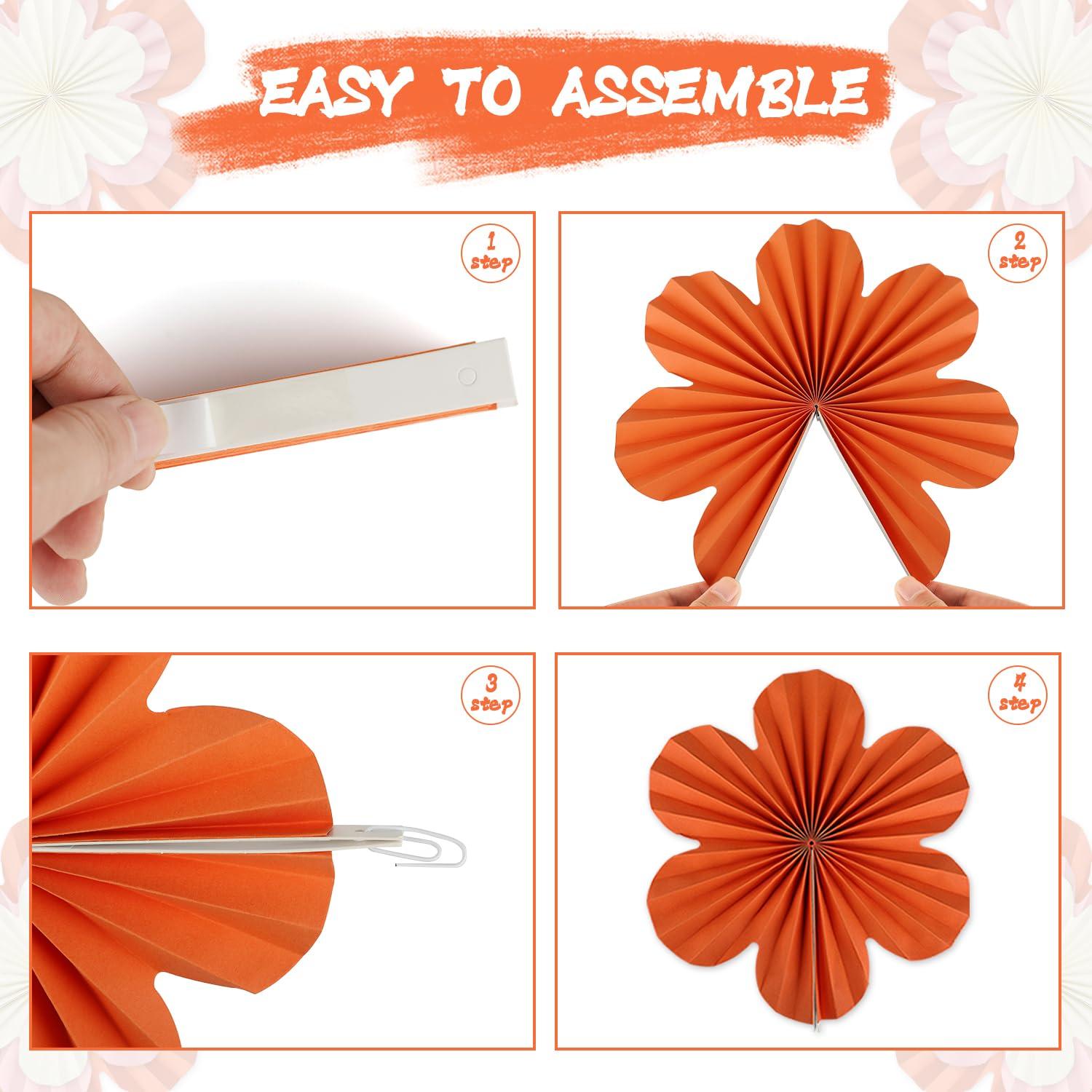 9Pcs Hanging Paper Fans Party Decorations, Orange Pink White Paper Flowers for Floral Preppy Birthday Baby Shower Wedding Party Backdrop Decor - Image 3