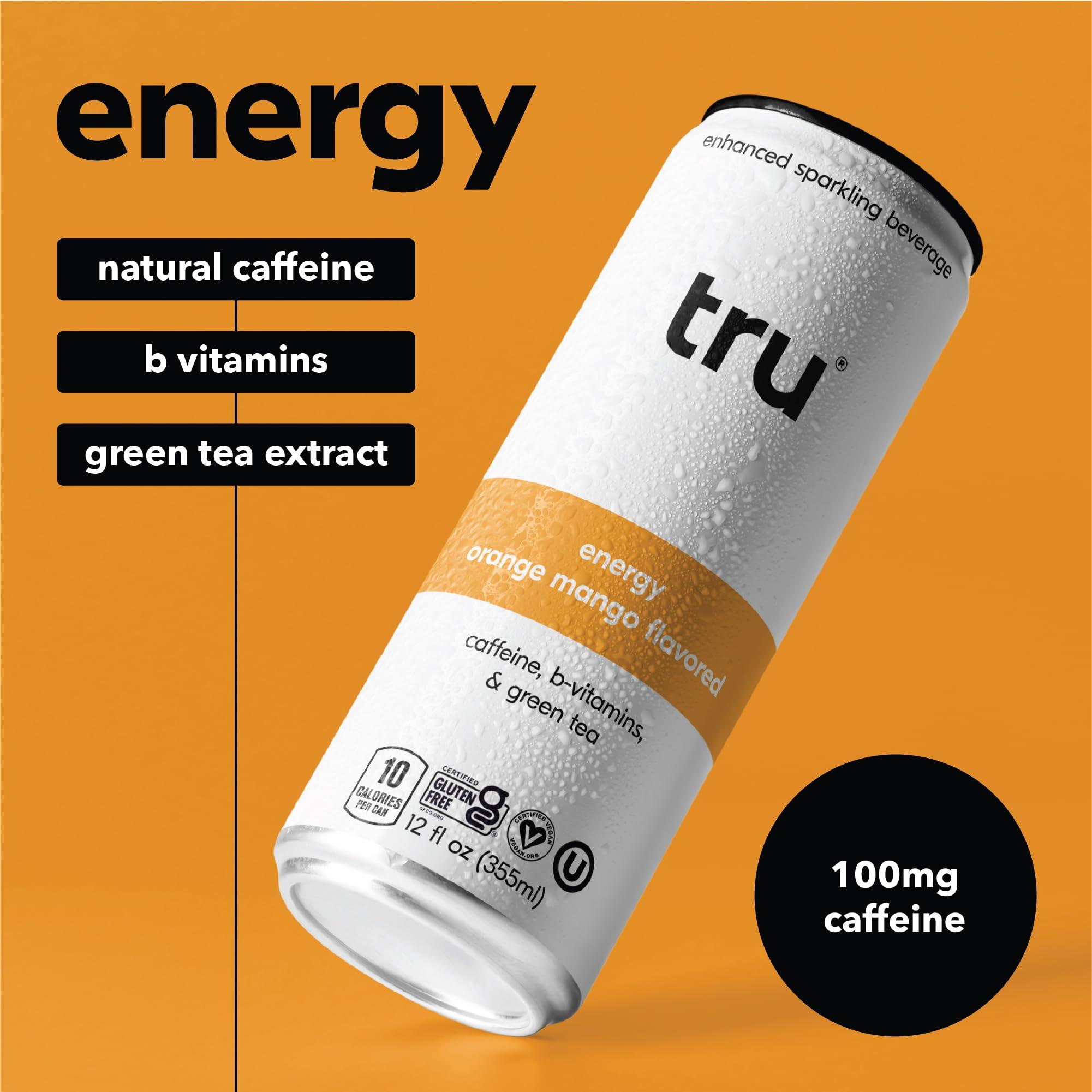 Tru Energy Seltzer, Sparkling Water with Natural Caffeine, Orange Mango Juice, Green Tea Extract & B Vitamins, Lightly Carbonated Energy Drink, Gluten Free, Vegan, Low Calorie, 12 FL OZ Cans, 12 Pack - Image 3