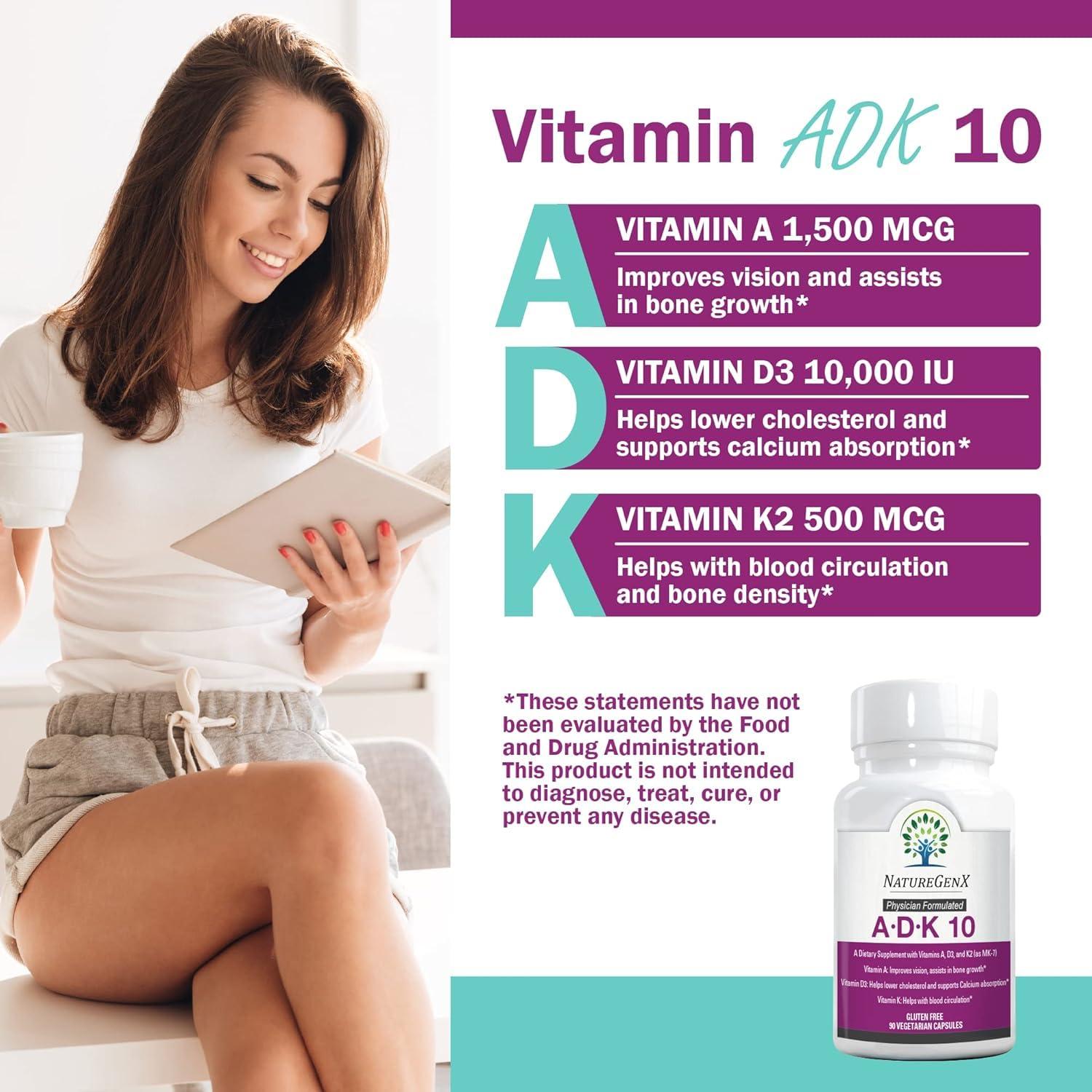 NatureGenX ADK10 – ADK Vitamin Supplement | High Potency Vitamins A, D3 (10,000 IU) & K2 MK-7 for Bone, Heart & Immune Health | 90 Tiny Capsules | 3 Month Supply | Non-GMO, Gluten Free - Image 3