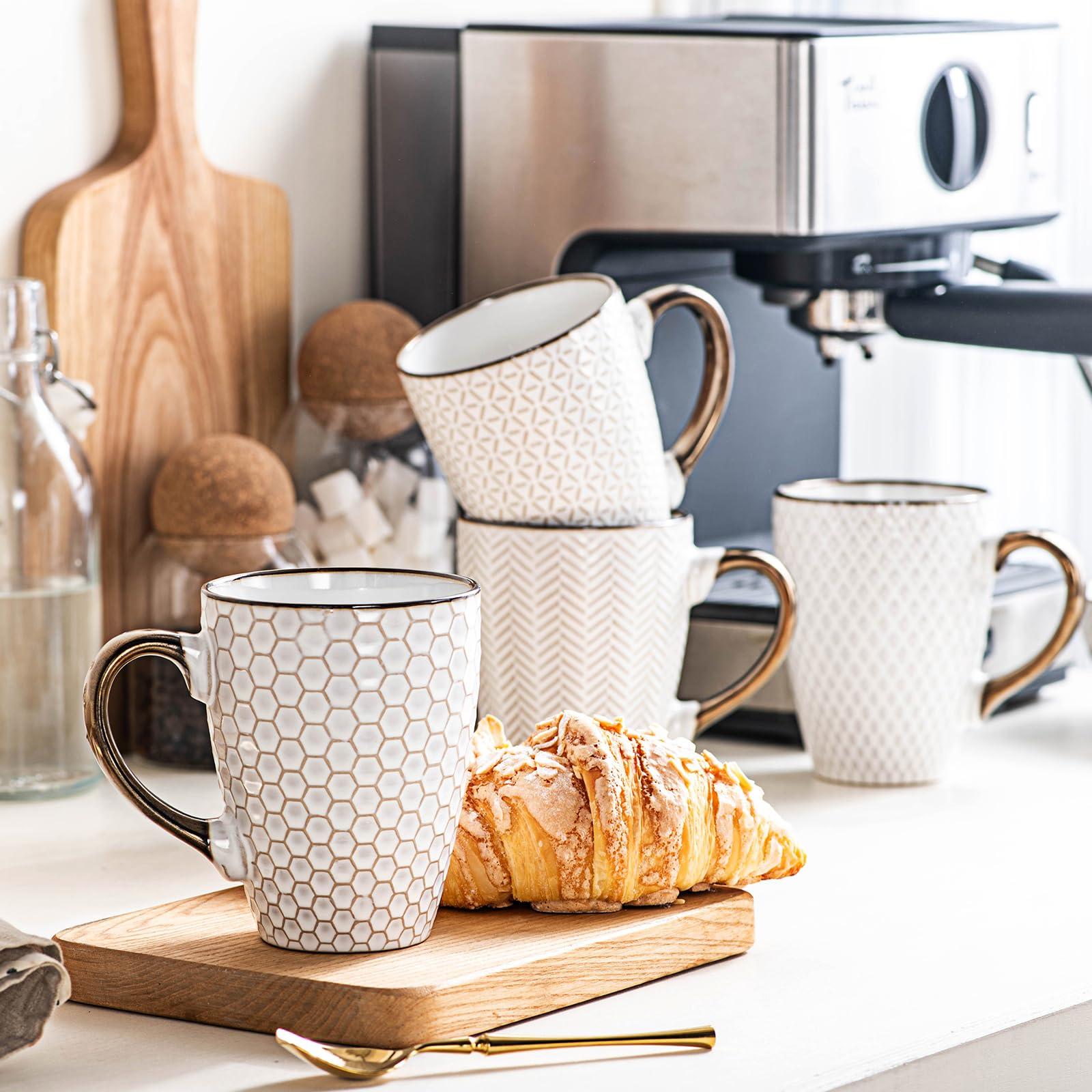Anmula Coffee Mug Set of 4, 16 Oz Ceramic Embossment Coffee Mugs for Latte, Tea, Cappuccino, Cocoa, Mocha, Microwave & Dishwasher Safe, White - Image 4
