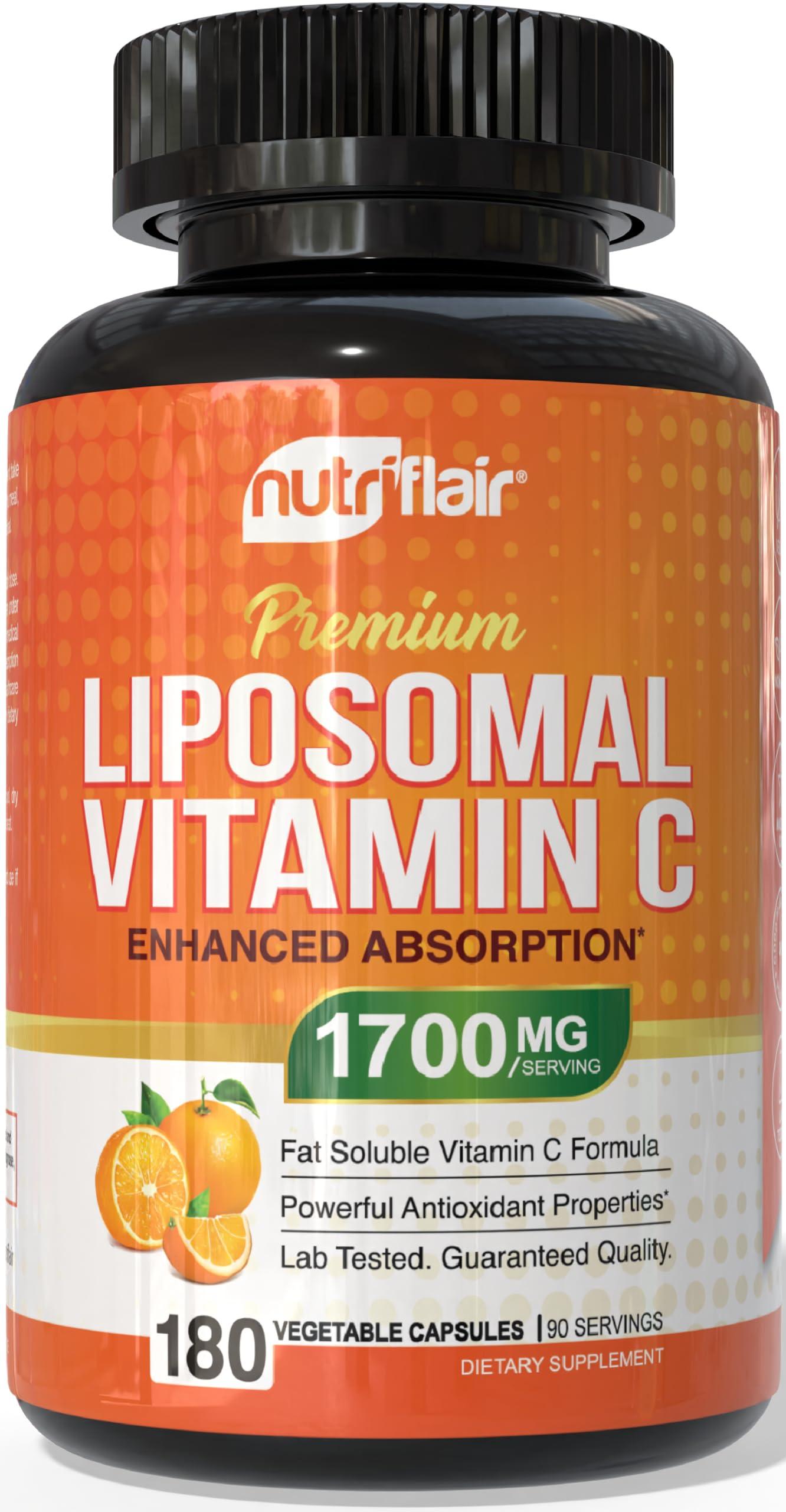 NutriFlair Liposomal Vitamin C 1600mg, 180 Capsules - High Absorption, Fat Soluble VIT C, Antioxidant Supplement, Higher Bioavailability Immune System Support & Collagen Booster, Non-GMO, Vegan Pills