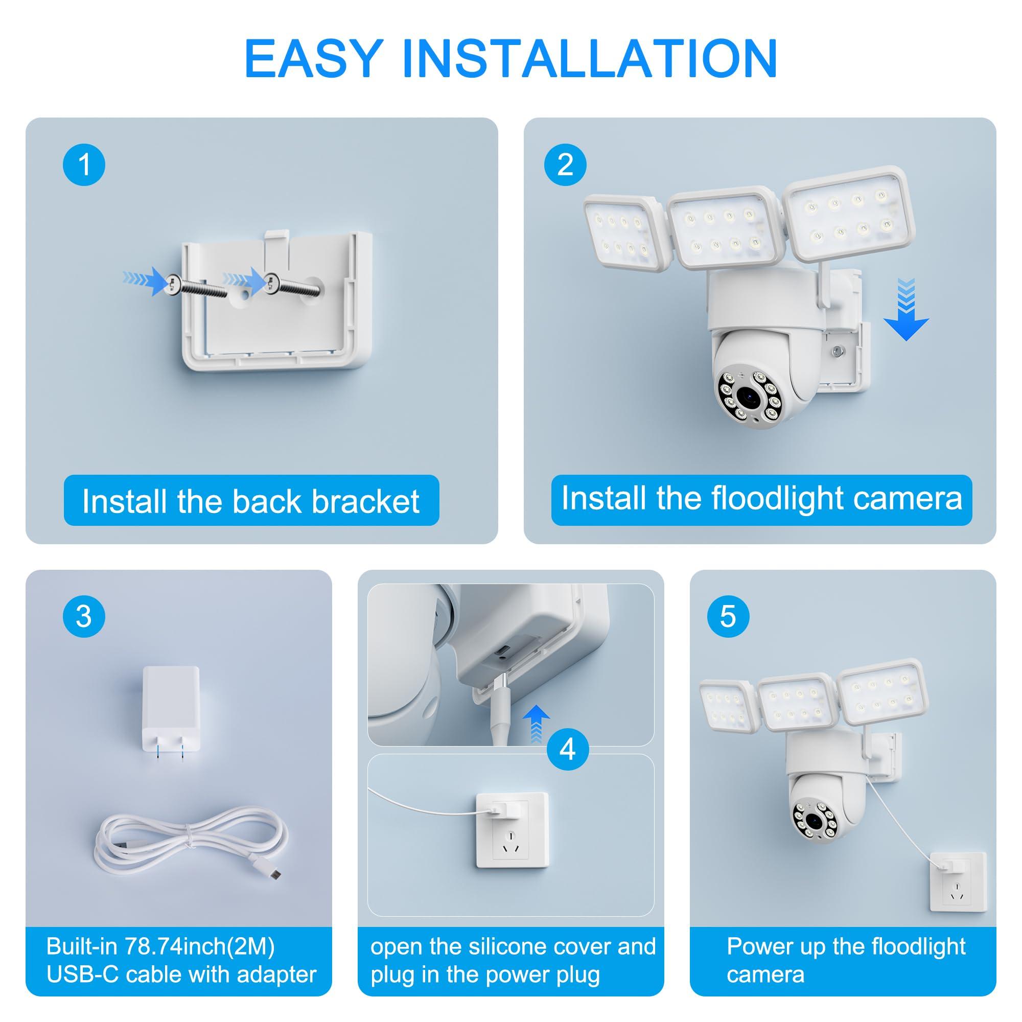 GOLSPARK Floodlight Camera, 2K WiFi Outdoor Security Camera with 2000LM Flood Light, Outdoor Camera with 2-Way Audio 360° PTZ AI Detection Auto Tracking Color Night Vision Alert Cloud or SD Storage - Image 6