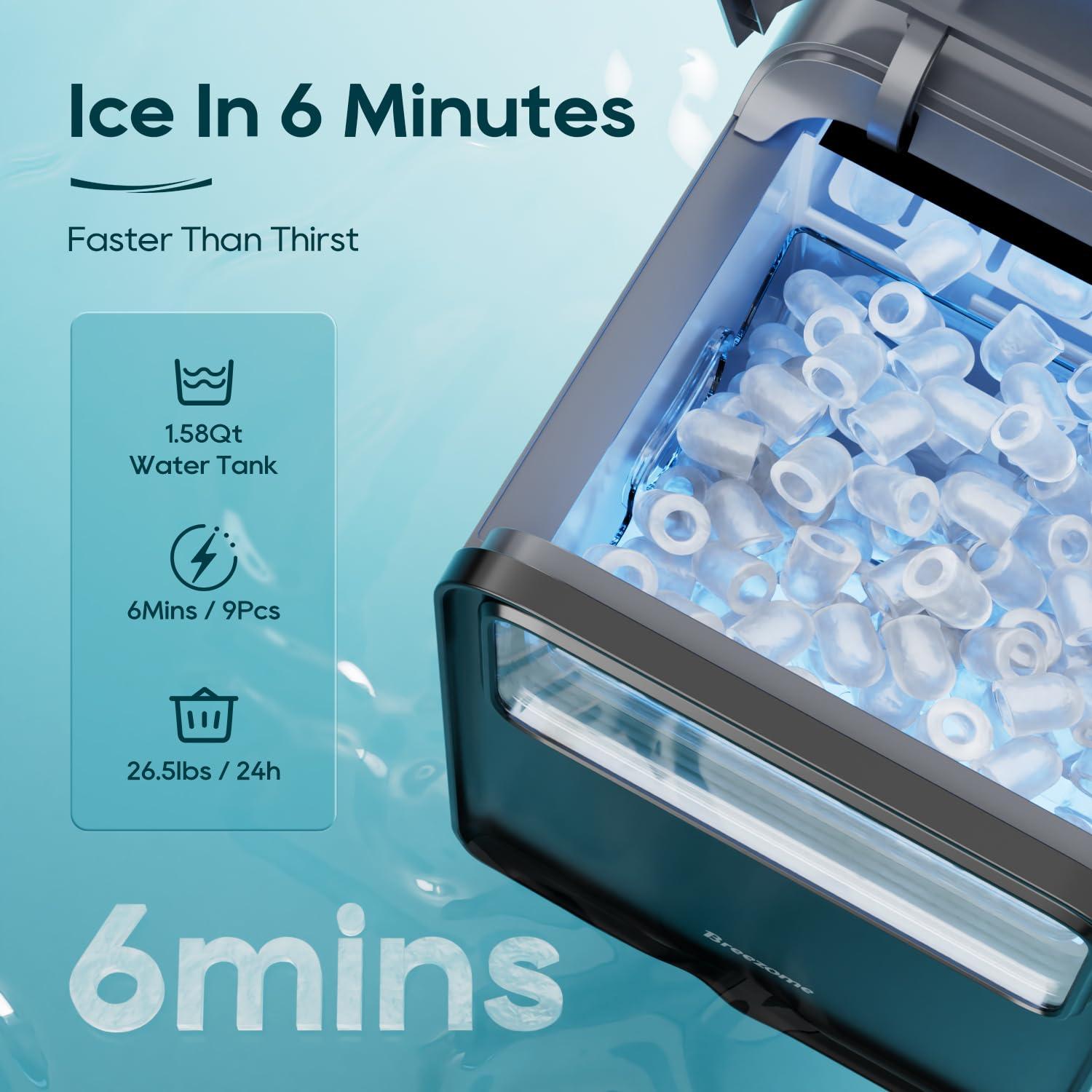 BREEZOME Ice Maker Countertop, Self-Cleaning Ice Machine, 9 Cubes in 6 Mins, 26.5lbs in 24Hrs, Compact Ice Maker with Basket & Scoop, Quiet Operation, 2 Sizes of Bullet Ice for Home Kitchen Camping RV - Image 4
