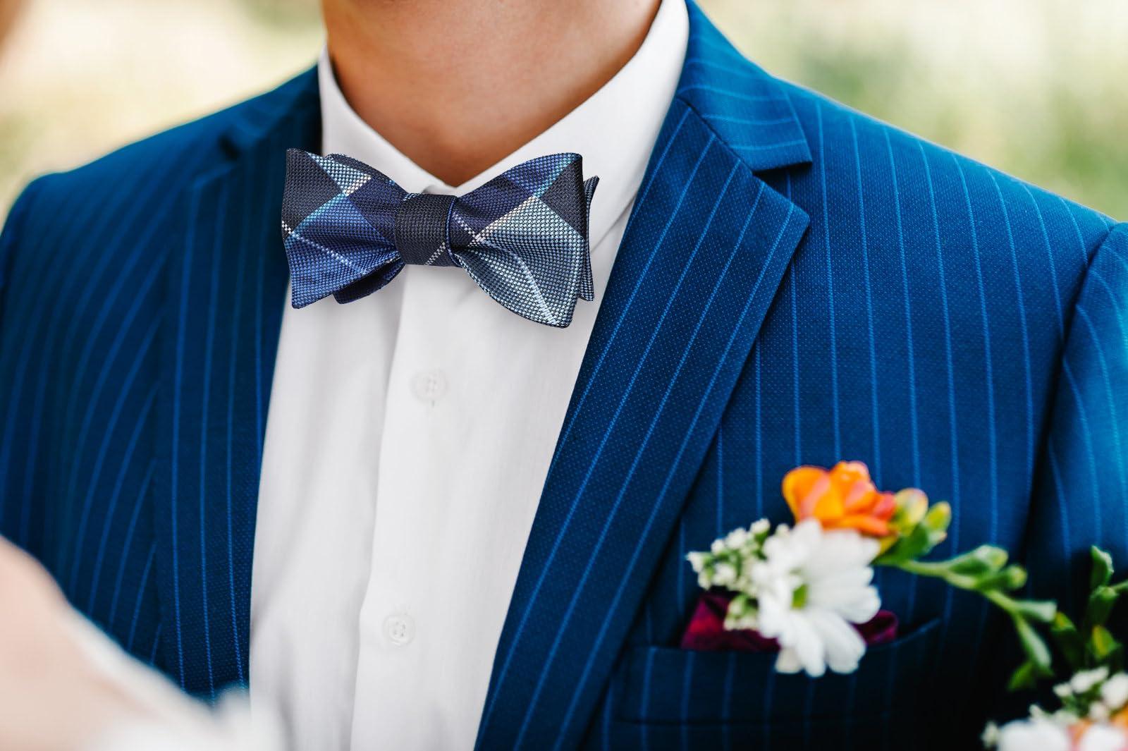 Bow Ties for Men Check Plaid Self Tie Bow Tie and Pocket Square Bowtie Formal Tuxedo Wedding Bowties Handkerchief Set - Image 2