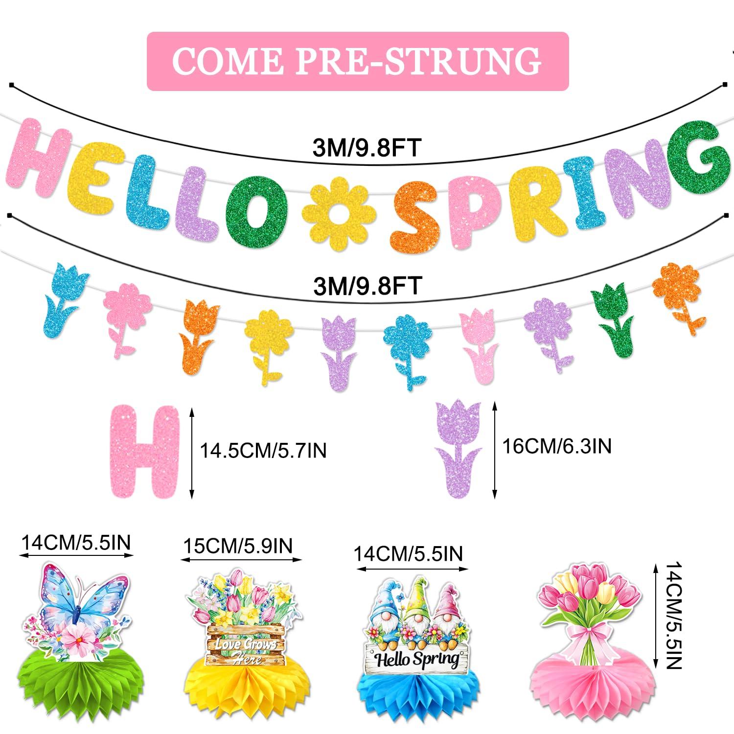 JKQ Colorful Glittery Hello Spring Banner Banner Spring Hanging Swirls Decorations Spring Honeycomb Centerpieces Decorations Spring Easter Tulip Flowers Party Banner for Ceiling Table Hanging Decors - Image 3