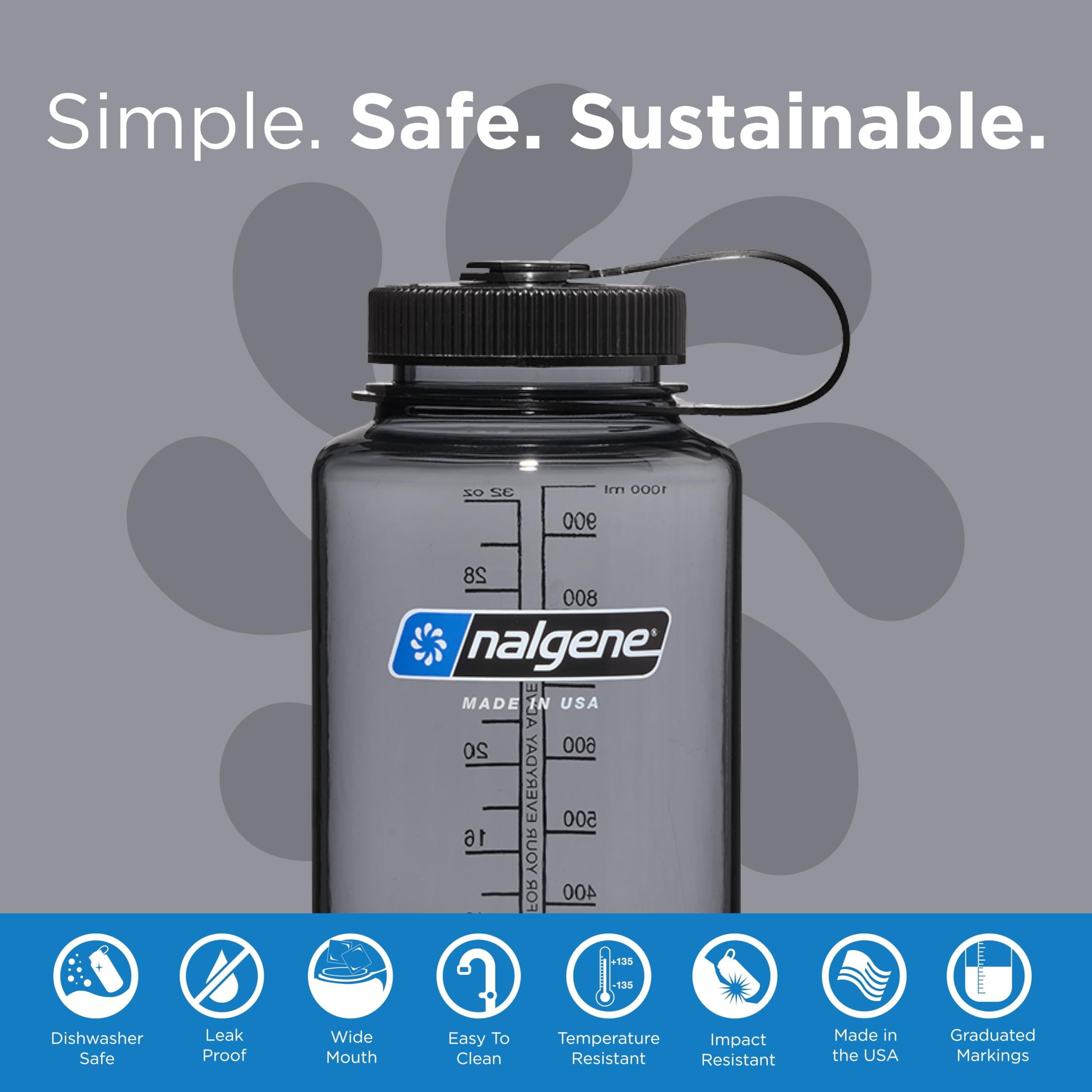 Nalgene Sustain Tritan BPA-Free Water Bottle Made with Material Derived From 50% Plastic Waste (using ISCC certified mass balance), 32 OZ, Wide Mouth, Gray w/ Black Lid - Image 4