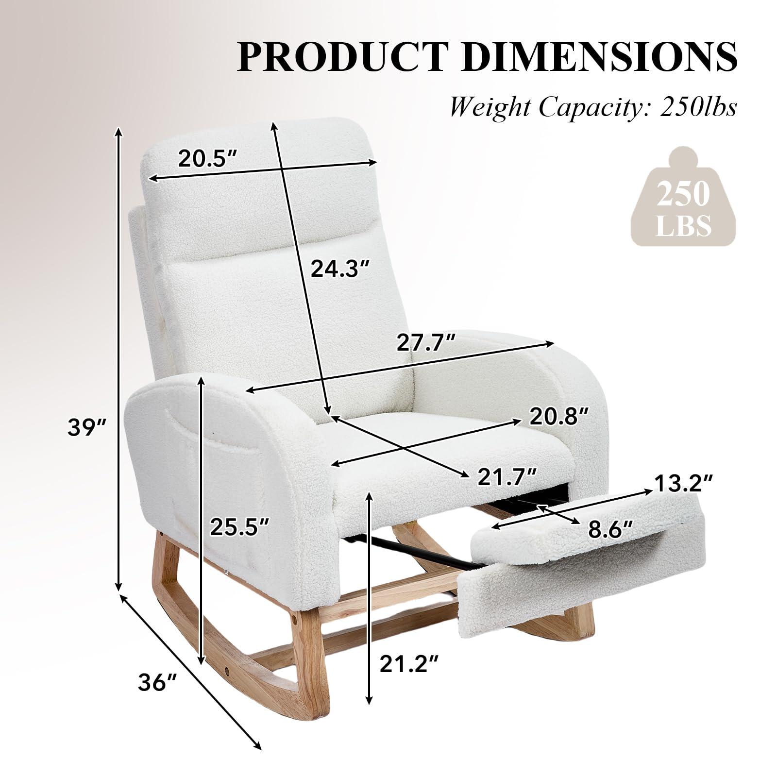 NIOIIKIT Oversized Nursery Rocking Chair, Teddy Upholstered Glider Chair with Footrest, Large Glider Rocker with Side Pocket, Rocking Accent Chair, Glider Recliner for Living Room (White Teddy) - Image 2