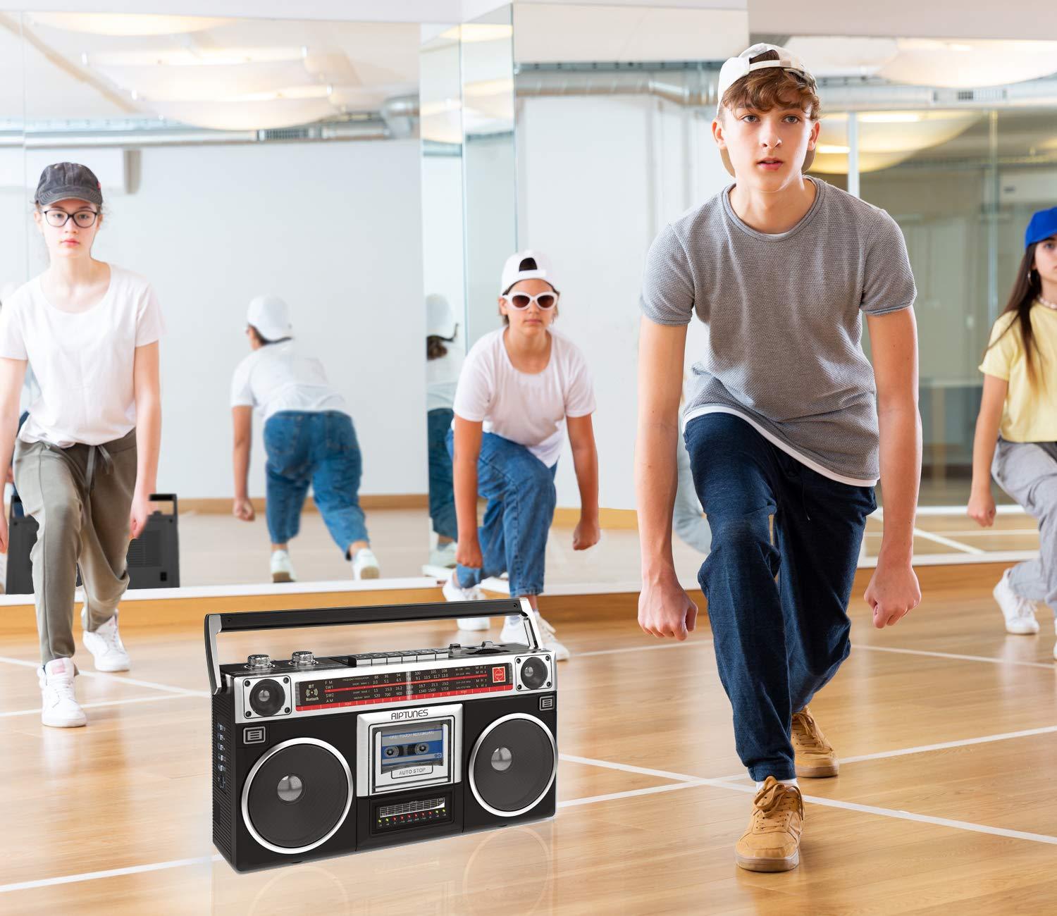 Riptunes Boombox Radio Cassette Player Recorder, AM/FM -SW1/SW2 Radio, Wireless Streaming, USB/Micro SD Slots, Aux in, Headphone Jack, Classic 80s Style Retro, Black - Image 6