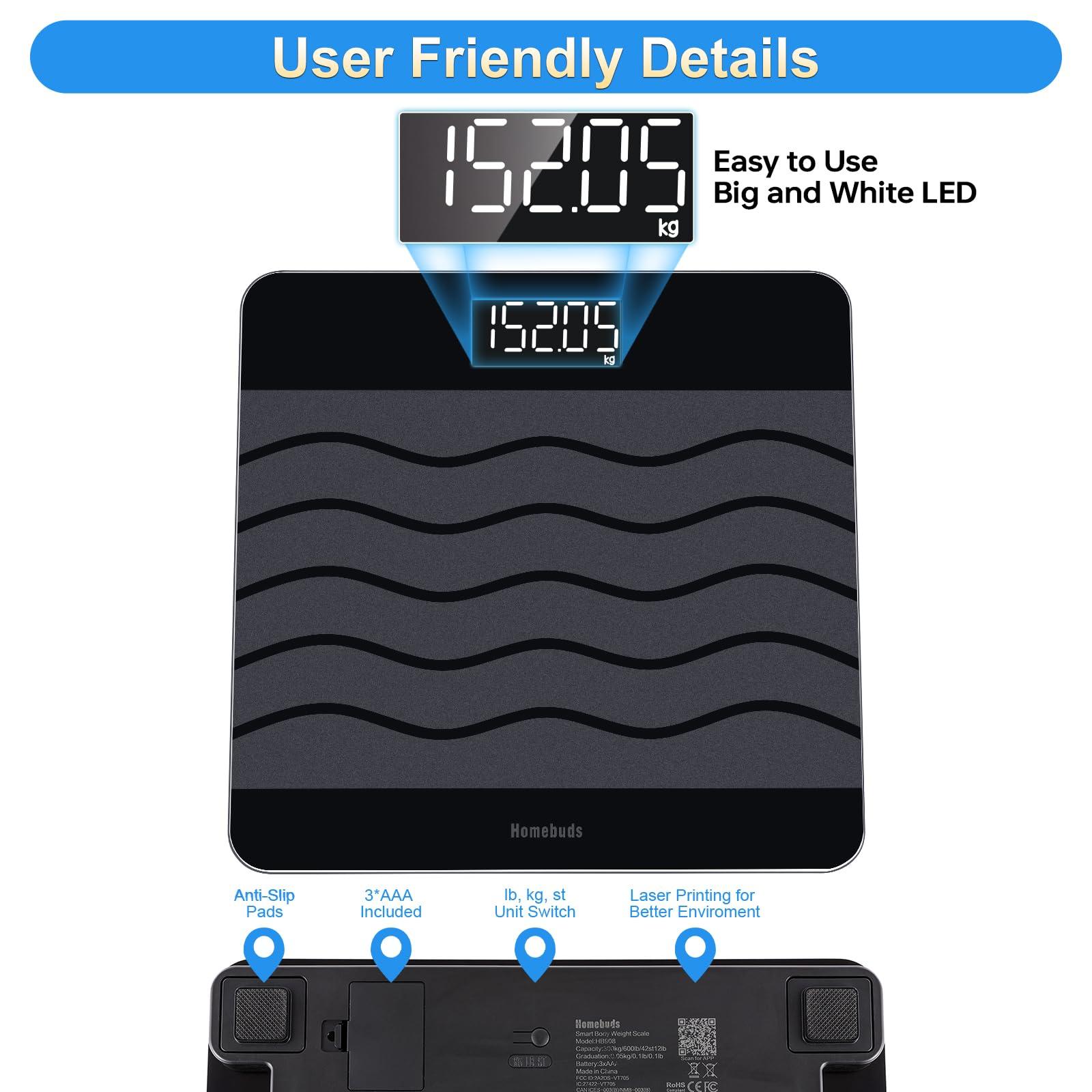 Homebuds 600lb Digital Bathroom Scale for Body Weight and BMI Via Smart APP, High Accuracy in 0.1lb Assured by Weighing Professional Since 2001, 8mm Tempered Glass, Extra Large LED Display, Black - Image 5