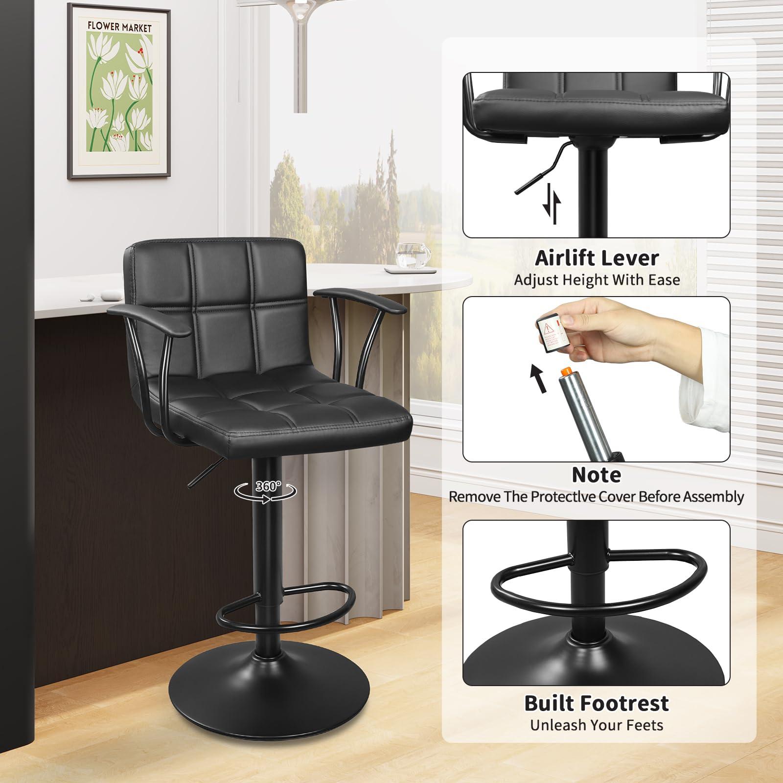 ERGOSEAT Bar Stools Set of 2, Armrest Adjustable Swivel Barstools with Back, Double Needle PU Leather Counter Height Chairs for Kitchen lsland (Black) - Image 5