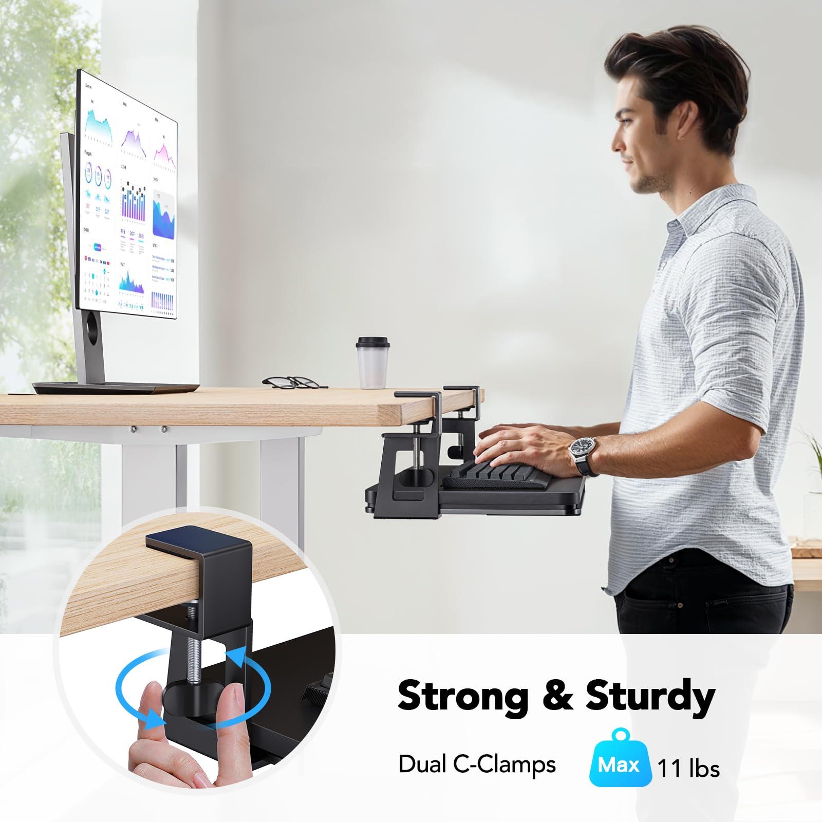 HUANUO Large Under Desk Keyboard Tray with Sturdy C-Clamp Mount, 26 (30.16" Including Clamps) x 12 inch Slide-Out Platform Computer Desk Heavy Duty Keyboard Tray with Storage Drawer for Typing, Black - Image 7