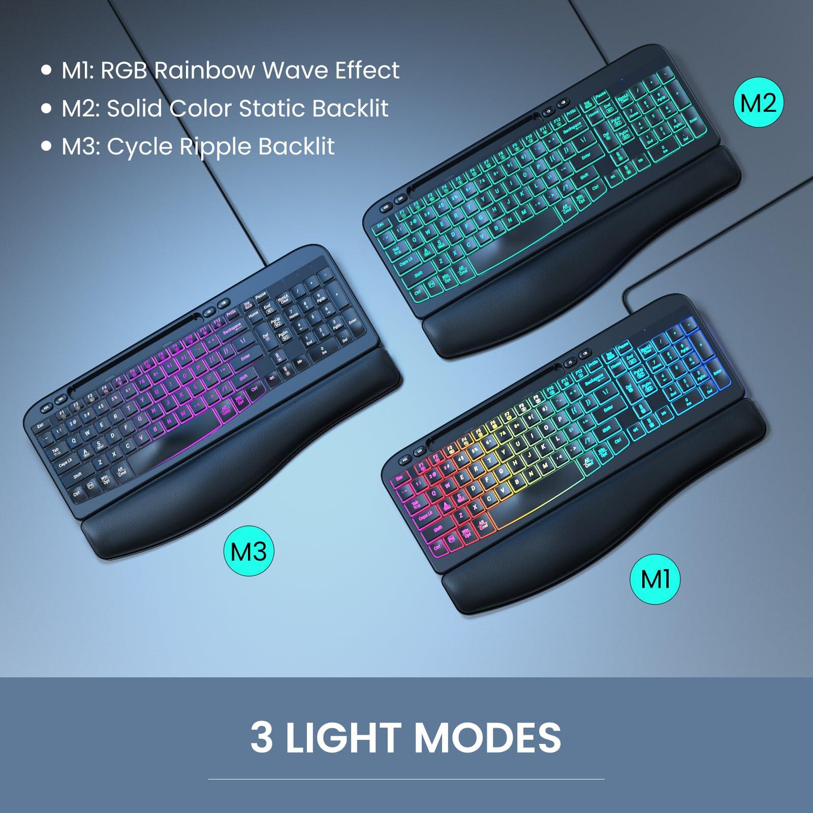 VEILZOR Ergonomic Backlit Keyboard with Wrist Rest, 7 Colors USB Wired Computer Keyboard, Wave Keys, with Phone/Tablet Holder, Comfortable Lighted Keyboard for PC, Windows and Mac - Image 4