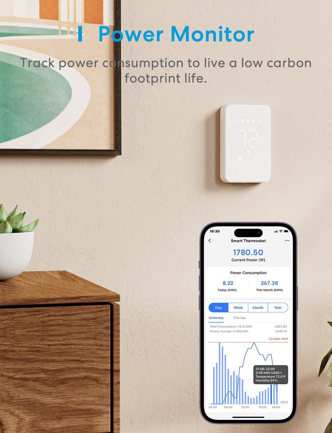 meross Smart Thermostat for Electric Baseboard and in-Wall Heaters Work with HomeKit, Alexa and Google Home, 120V-240V Wi-Fi Programmable Thermostat with Easy Install, Energy Saving, 4 Wires Needed - Image 7