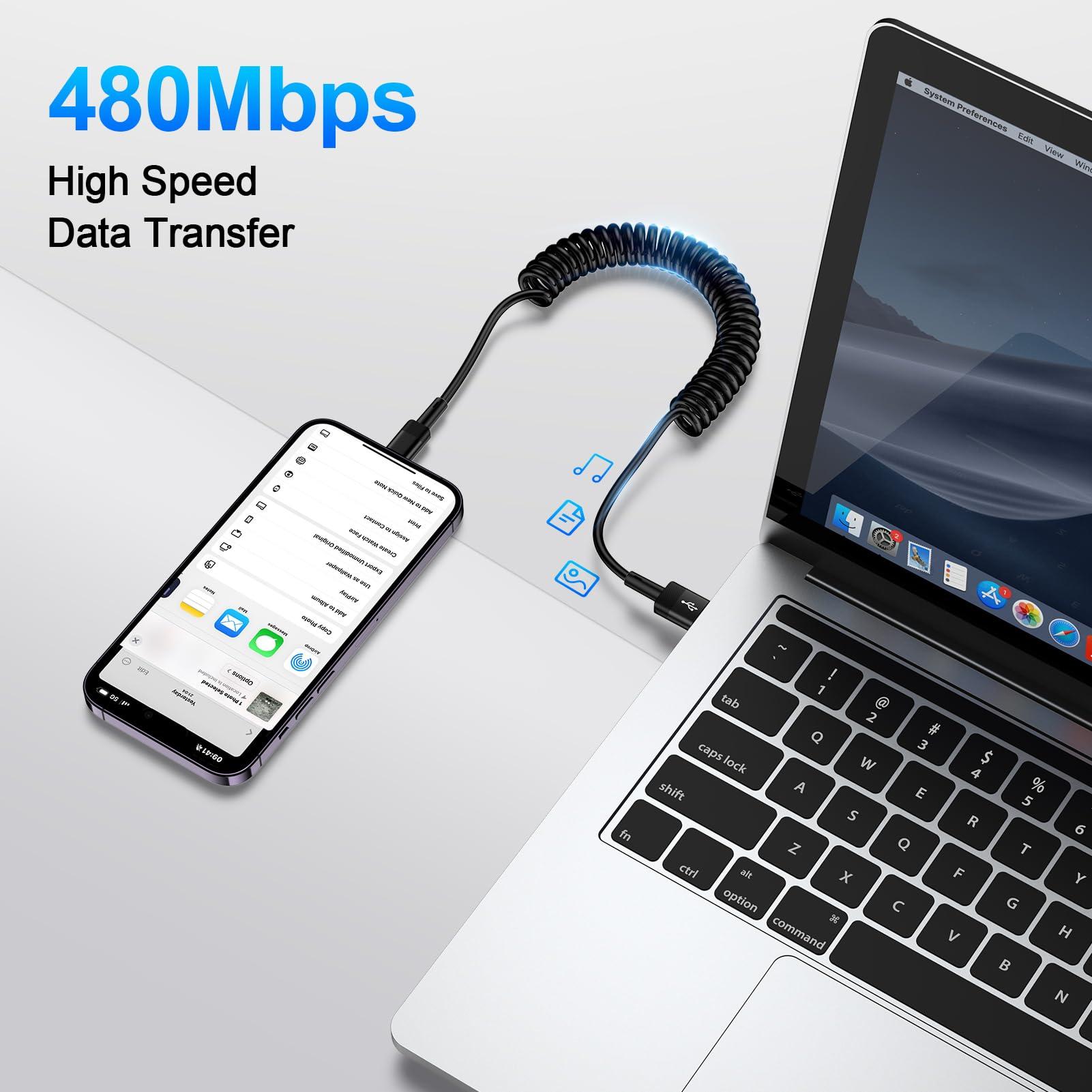 Coiled Lightning Cable Fast Charging Compatible for iPhone 14 13 12 11 Pro Max XR XS X 8 7 6 Plus SE iPad iPod [Apple MFi Certified],2Pack/3FT iPhone Charger Cord Short Car Charger Carplay Retractable - Image 4