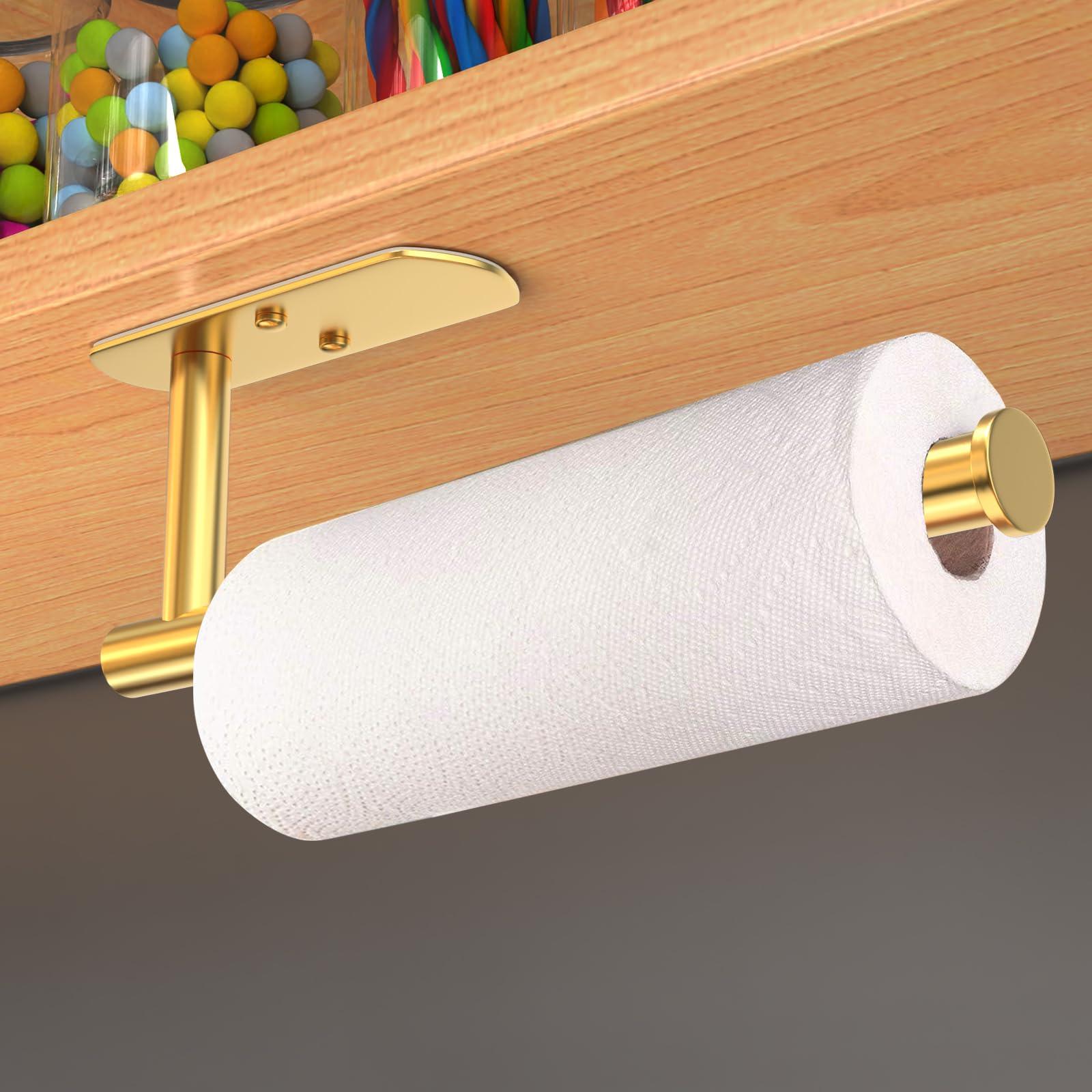 VAEHOLD Self Adhesive Paper Towel Holder Under Cabinet Mount, Wall Mounted Paper Towel Roll Holder for Kitchen, Bathroom, Wall - SUS304 Stainless Steel (Gold) - Image 5