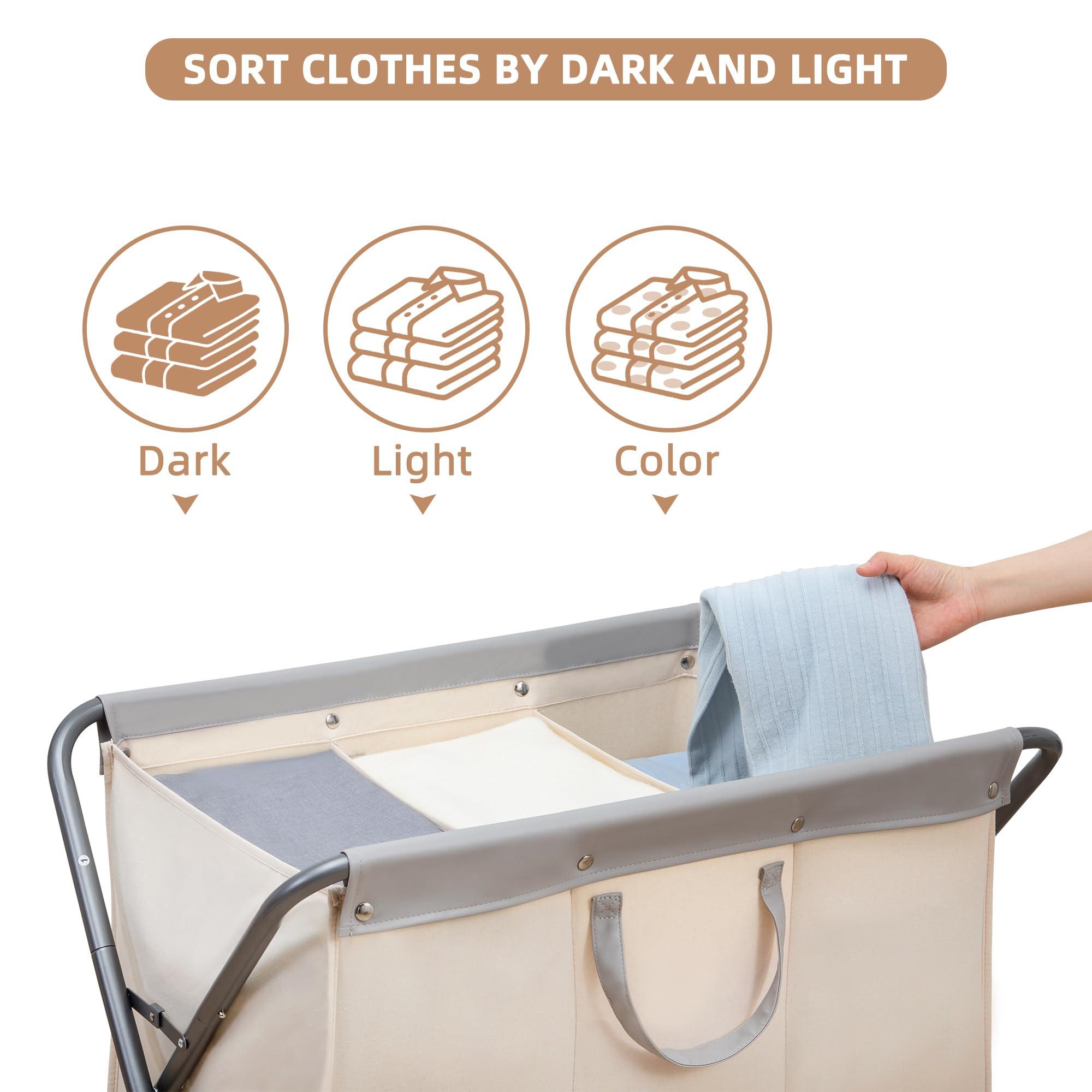 STORAGE MANIAC 160L Collapsible Laundry Hamper with Wheels, Rolling Laundry Basket, Heavy Duty Laundry Sorter with Removable Bag, Folding X Frame Laundry Organizer Cart for Easy to Store, 3 Section - Image 4
