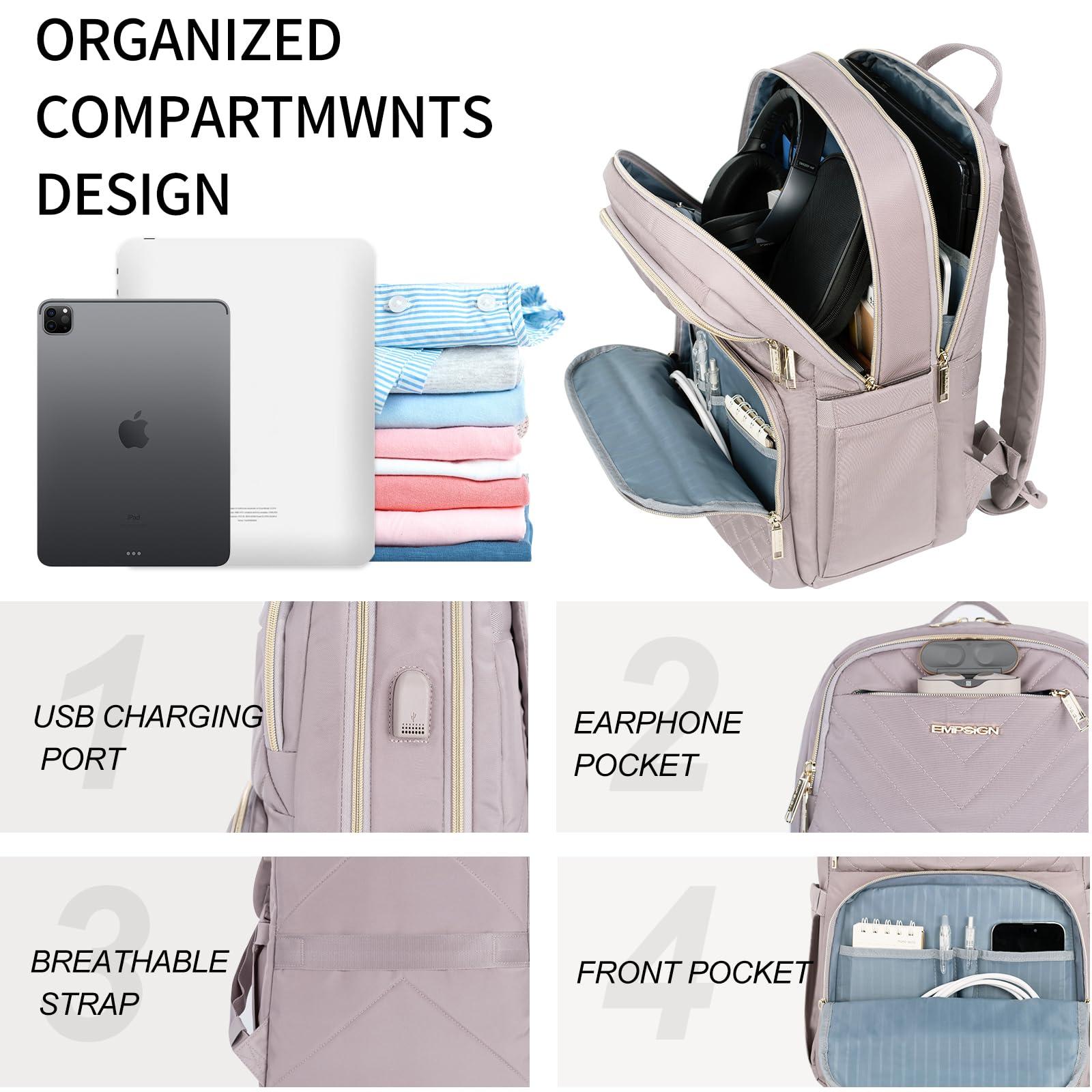 EMPSIGN Laptop Backpack Purse for Women and Men with USB Charging Port, 15.6 Inch Travel Water Resistant Quilted Backpack, High-Capacity 30L Work Business Computer Backpack, Quilted Grey Pink - Image 4