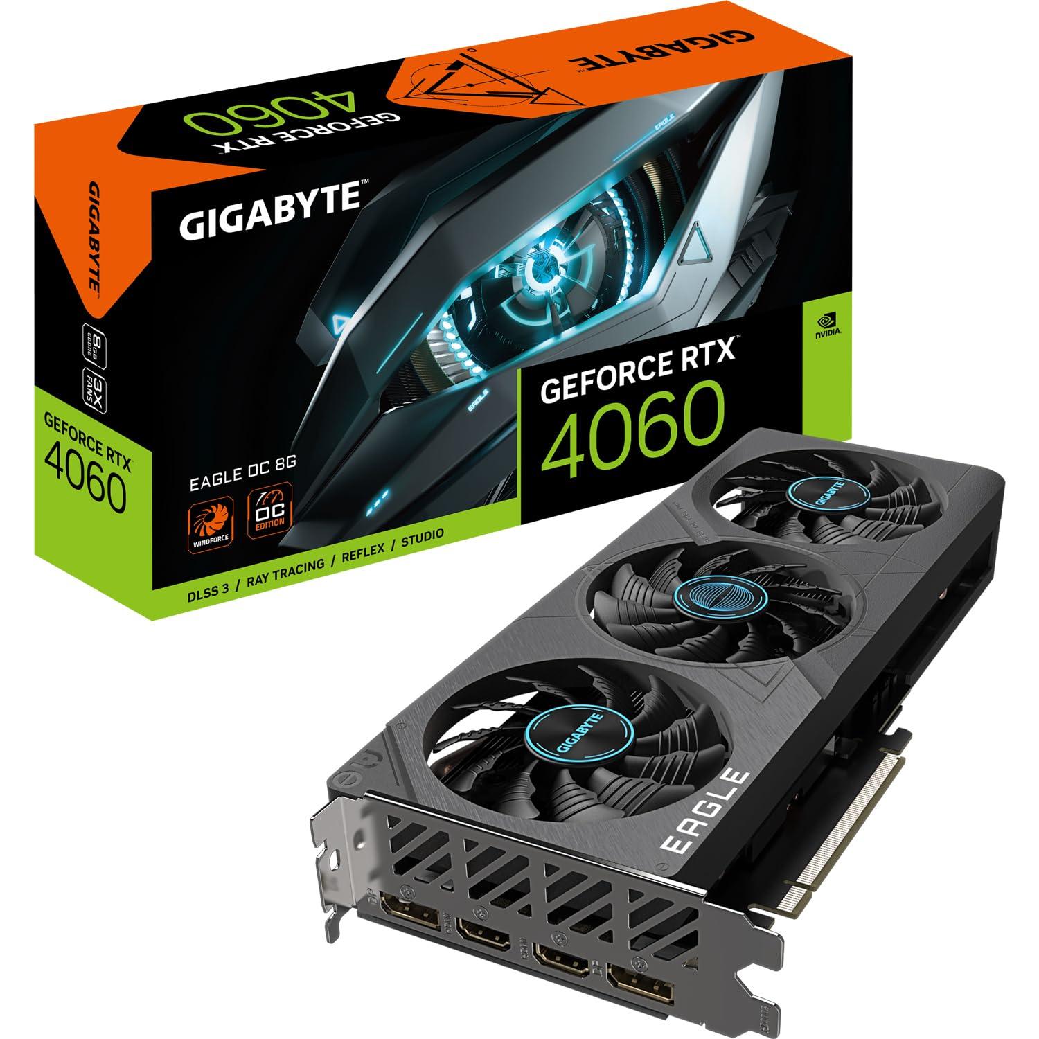 GIGABYTE NVIDIA GeForce RTX 4060 Eagle OC Graphics Card - 8GB GDDR6, 128-bit, PCI-E 4.0, 2505MHz Core Clock, 2X DP 1.4, 2X HDMI 2.1a, NVIDIA DLSS 3 - GV-N4060EAGLE OC-8GD