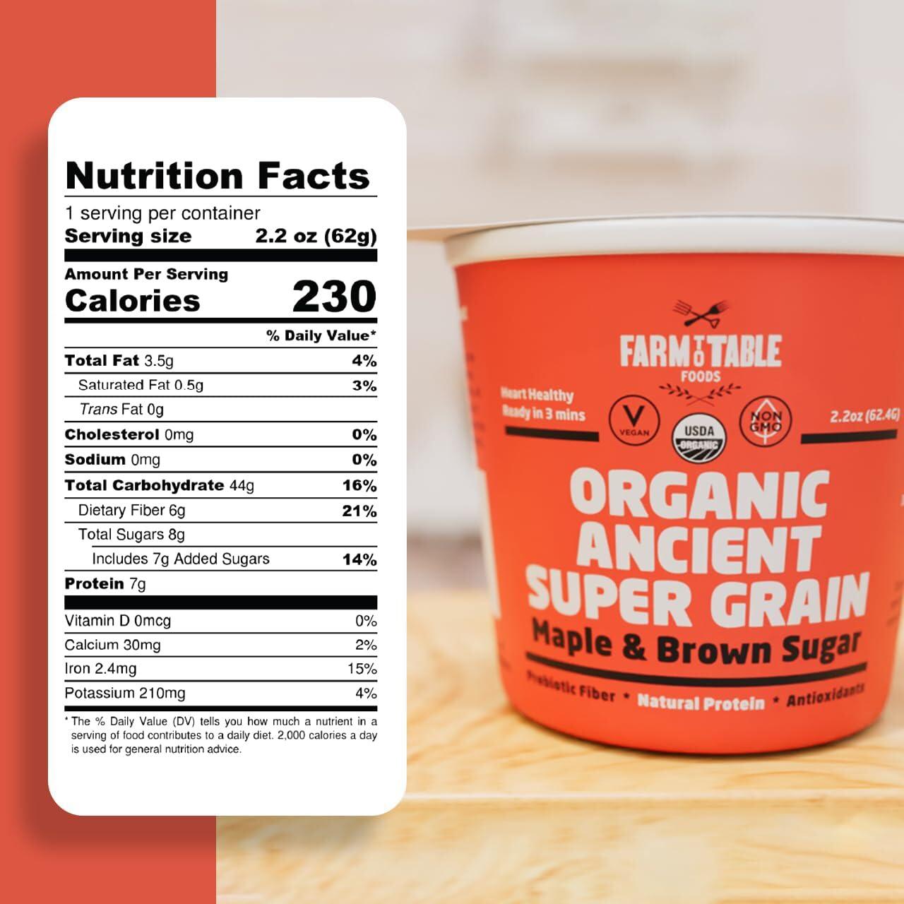 Farm to Table Foods Organic Ancient Super Grain Oatmeal Individual Serving Cups, Variety Pack - High Protein, Non-GMO, 12 Pack (2.2 oz. Cups) - Image 2
