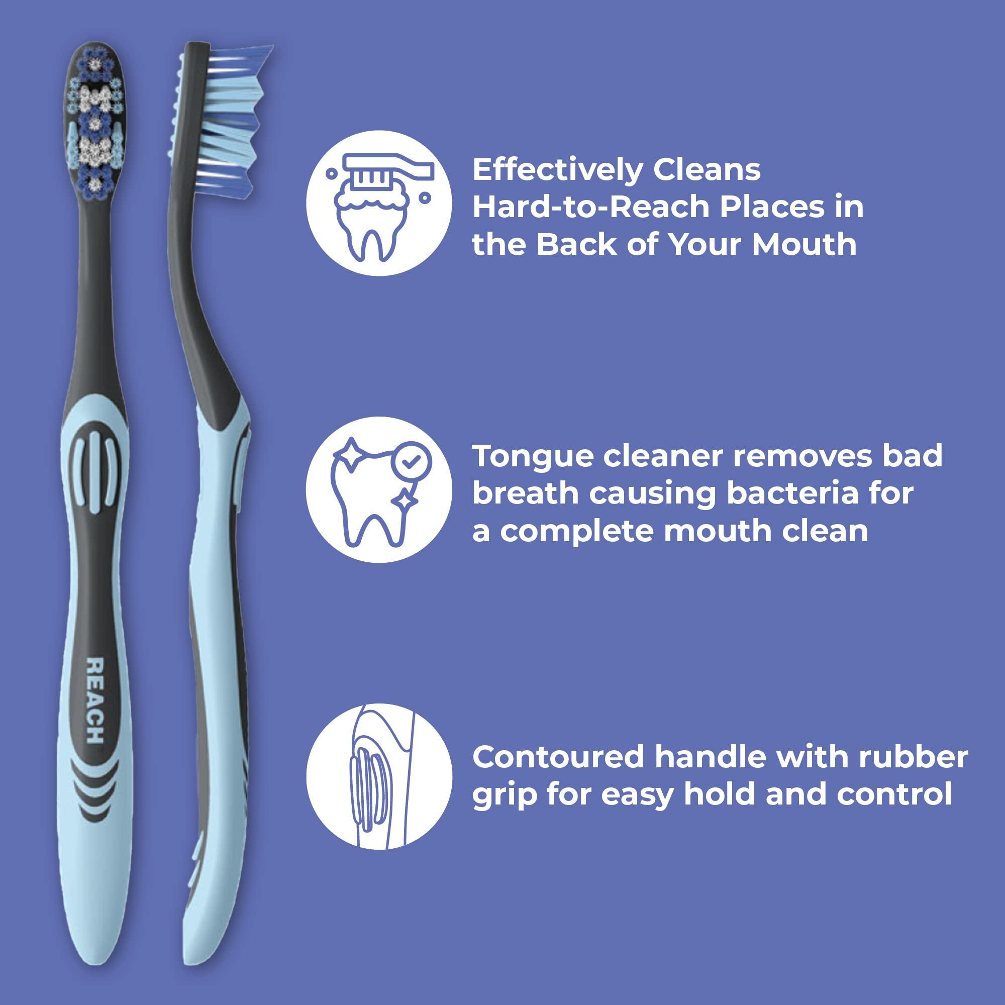 Reach Essentials Toothbrush with Toothbrush Covers, Multi-Angled Medium Bristles, Contoured Handle, Tongue Scraper, 6 Count - Image 3