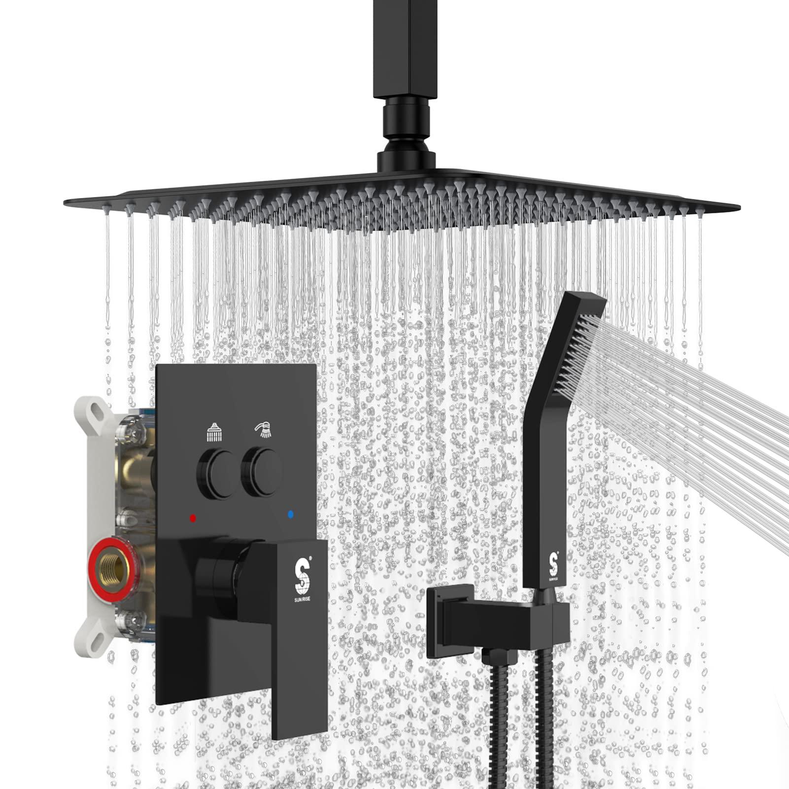 SR SUN RISE Ceiling Mounted Shower System with Push Button Diverter, Luxury 10 Inch Rain Shower Head with Handheld Spray, High Pressure Shower Faucet Combo Set with Rough-in Valve, Matte Black