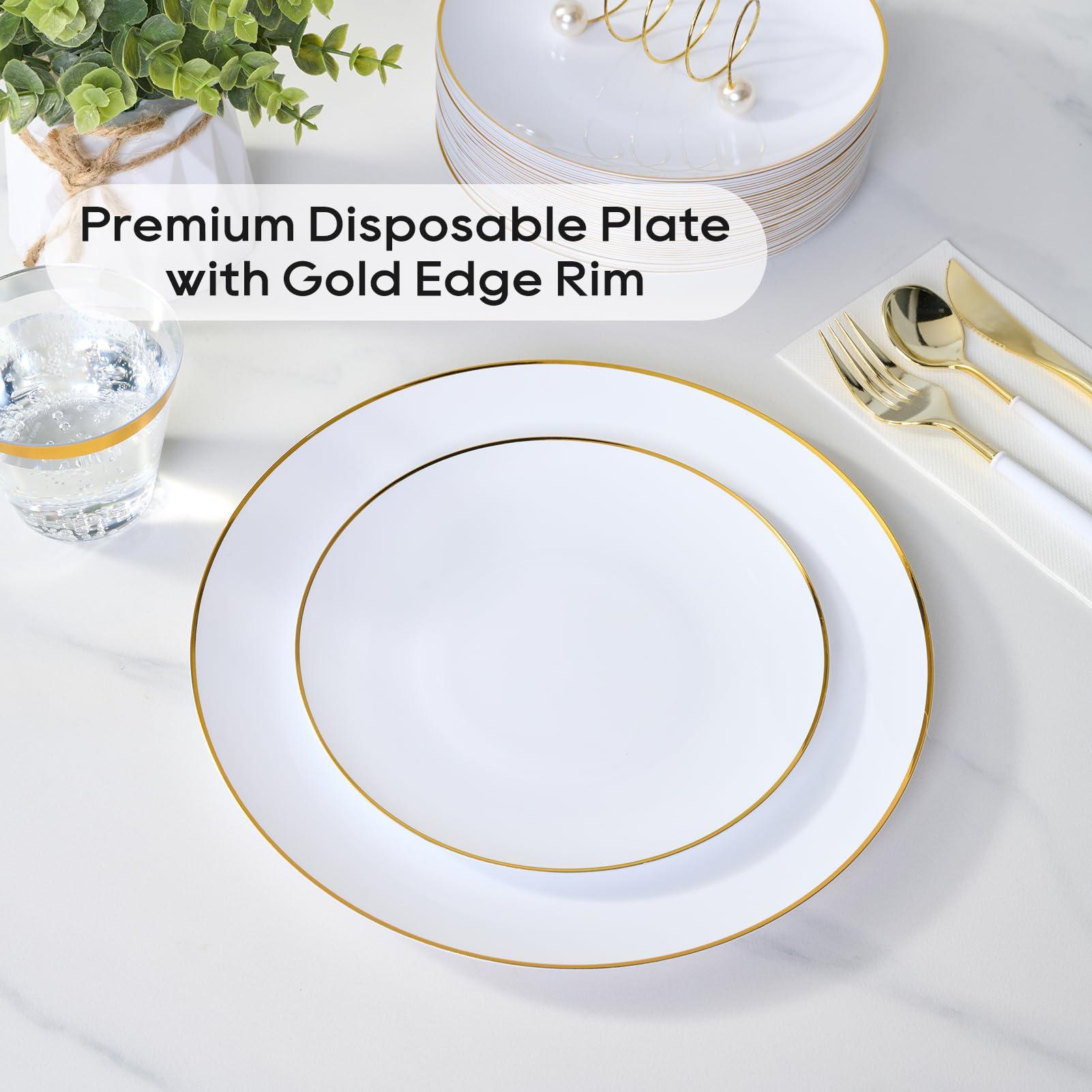 FOCUSLINE 100 Count Gold Plastic Plates 10.25 Inch, Disposable Heavy Duty Dinner Plates, Premium Hard Plastic Plate Fancy Disposable White Plate with Gold Rim - Image 8