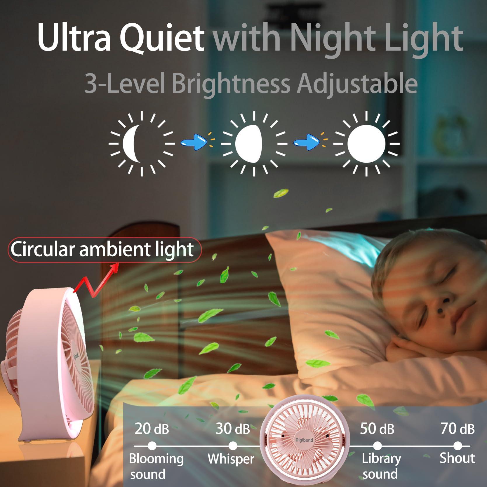Digibond Pink Desk Fan, Small Quiet with Ambient Light/Hook Portable USB Fan 5.3in High Power 3000mAH Rechargeable Battery Operate 3 Speed 180°Rotated Easy Clean - Image 4