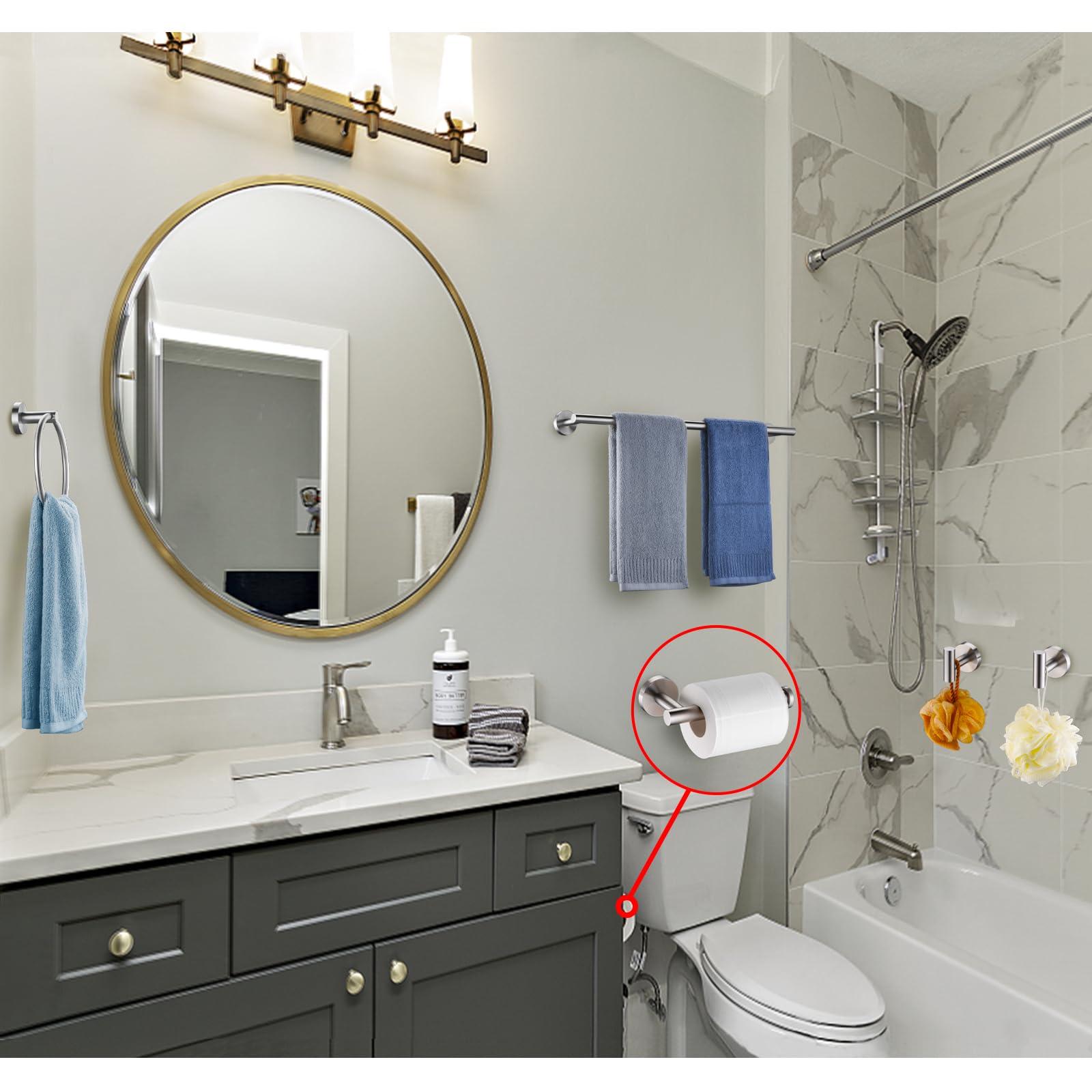 5 Pieces Brushed Nickel Bathroom Hardware Set Include 16inch Towel Bar,2pcsTowel Hooks,Toilet Paper Holder,Hand Towel Ring Round SUS304 Stainless Steel Bathroom Accessories Set Heavy Duty Wall Mounted - Image 3
