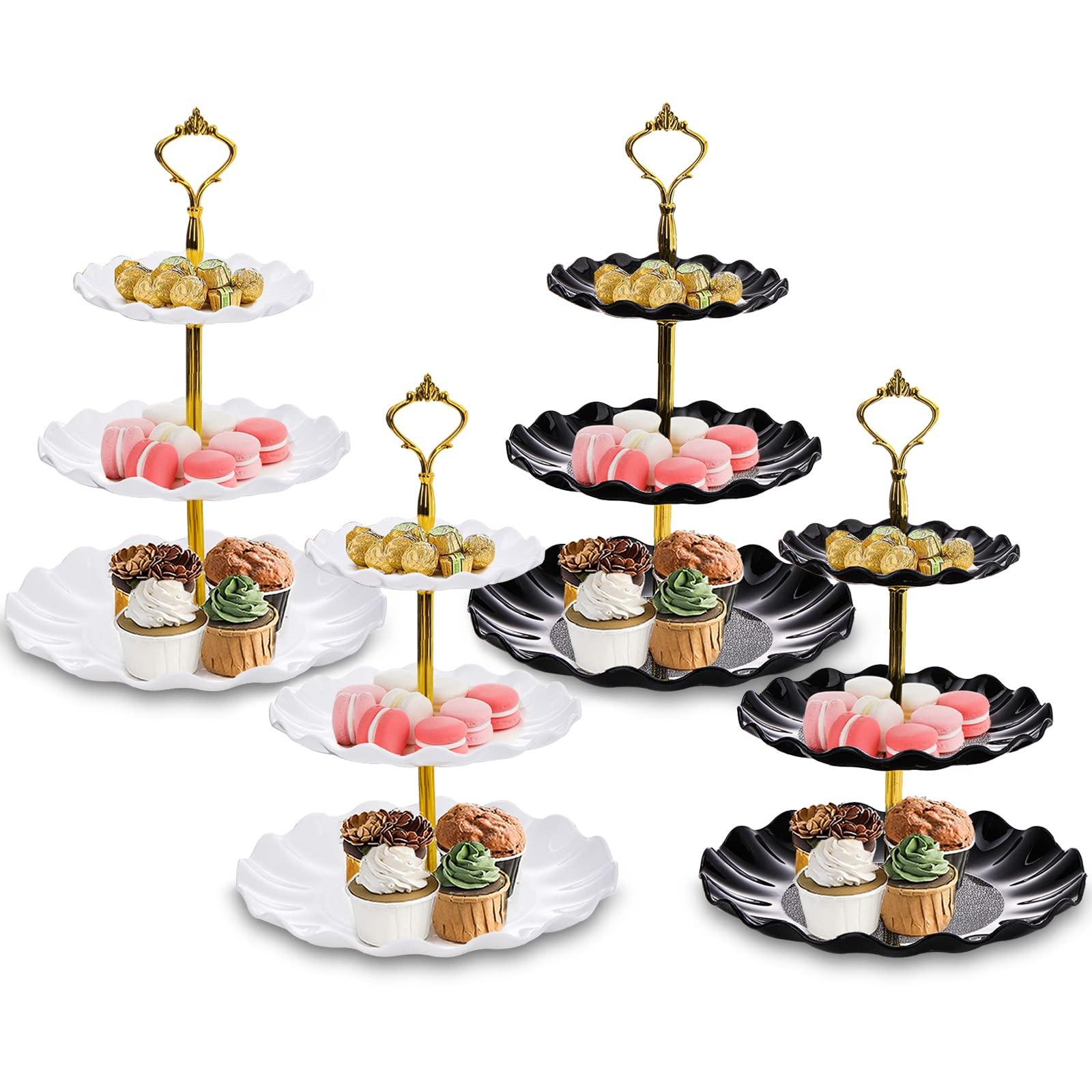 DEAYOU 4 Pack 3 Tier Cupcake Dessert Stand, Plastic Tiered Cake Stand Display Tower, Pastry Serving Tray Platter Rack Holder for Buffet, Cookie, Party, Wedding, Home Decor, White Gold, Black Gold - Image 4