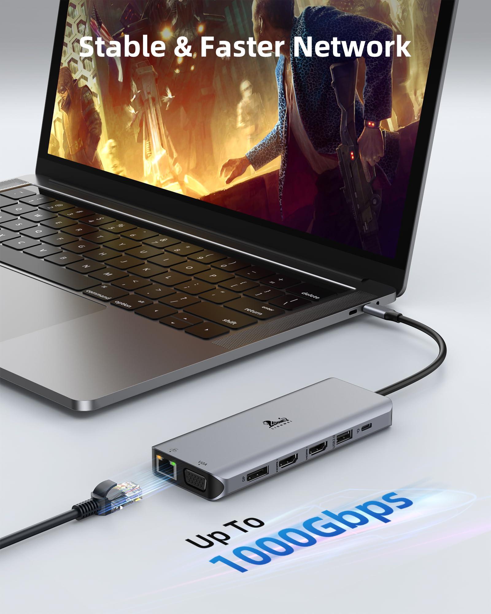 Laptop Docking Station 4 Monitors, Dual HDMI+8K DP+VGA, 10Gbps, 100W PD, 6 USB C/A Ports, Ethernet, SD/TF, LIONWEI 13 in 1 USB C Hub for MacBook/Dell/HP/Surface - Image 7