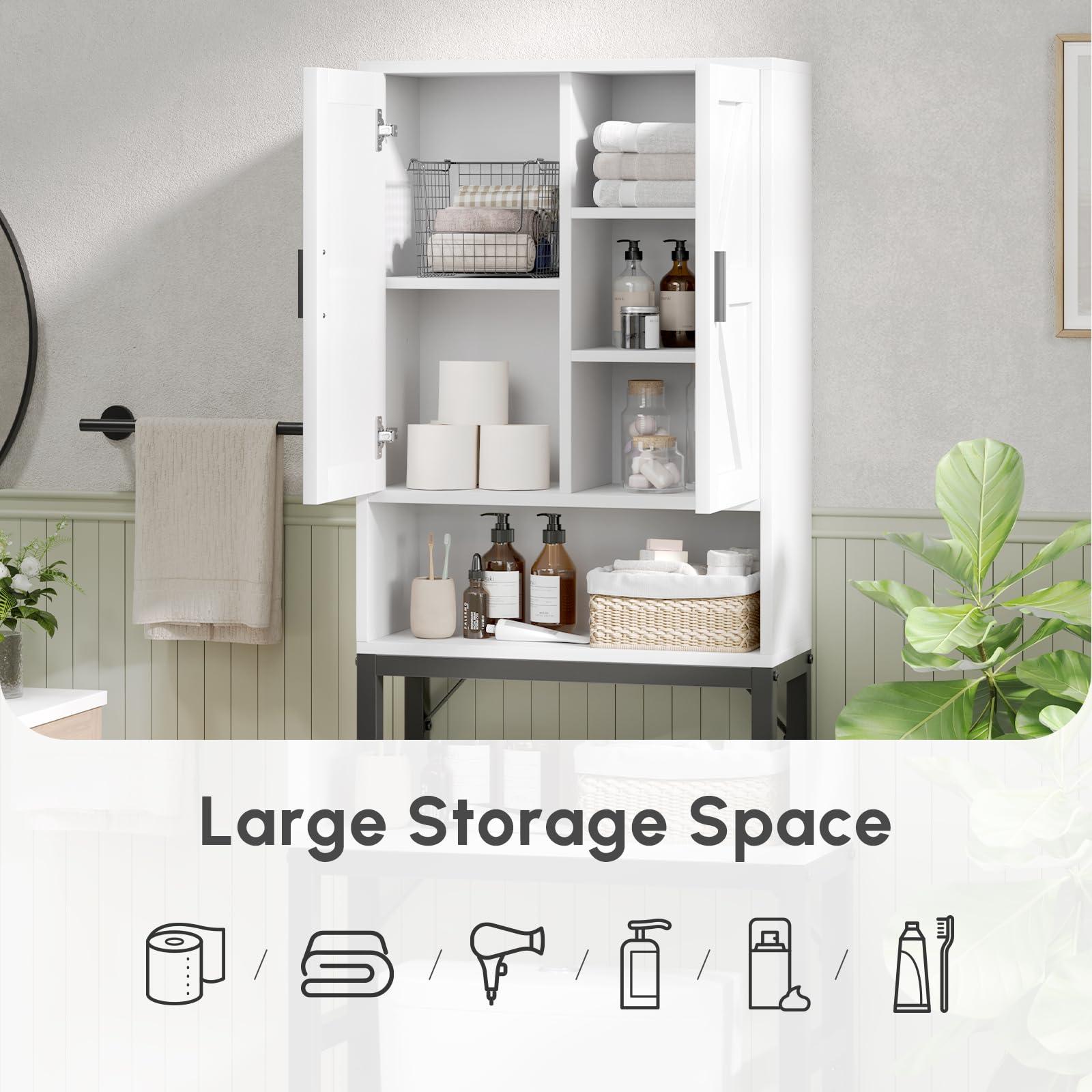 USHOWER Over The Toilet Storage Cabinet, Bathroom Organizers and Storage with Barn Doors, Thicken Metal Stand & MDF Wood Above Toilet Storage Cabinet, Freestanding Space Saver, White - Image 5