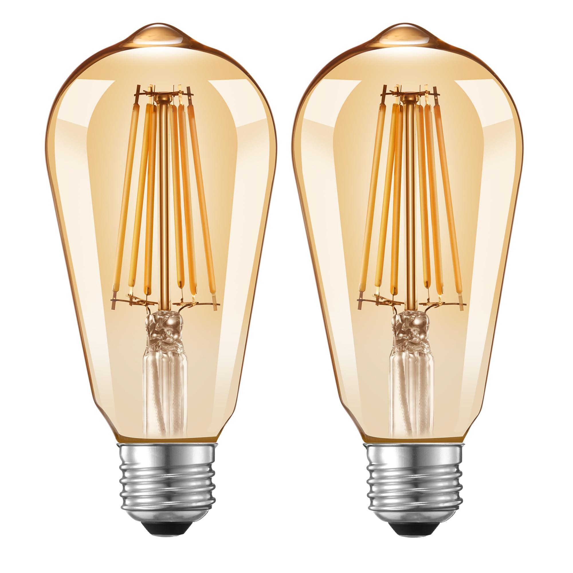 Qualilux Dusk to Dawn Edison Light Bulbs ST58(ST19), Vintage Amber Glass, 2300K Warm Light, 6.5W=60W, Auto On/Off Light Sensing LED Filament Bulb Outdoor, 700LM, Non-Dimmable, E26, 2-Pack, HQ-H027