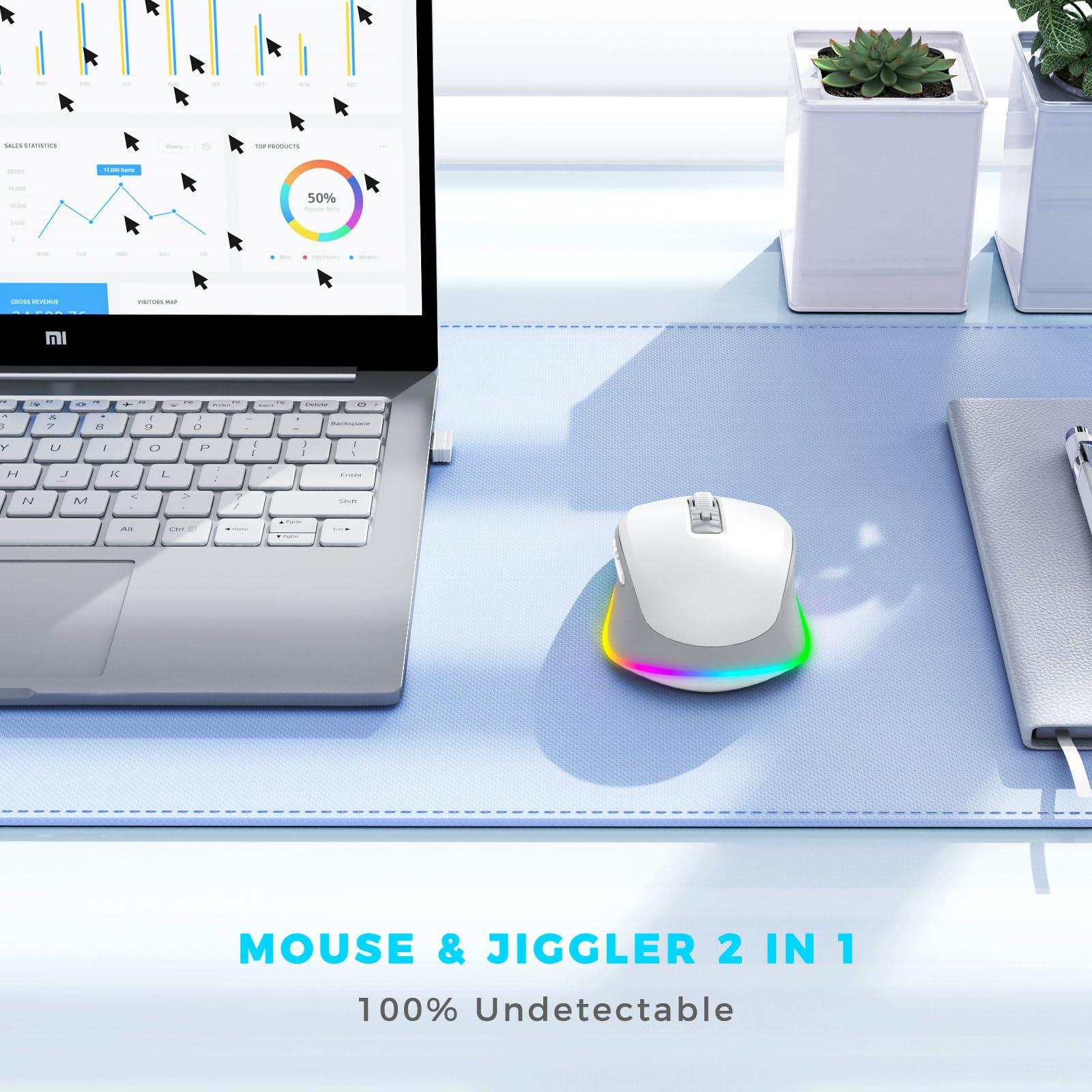 PEIOUS Wireless Mouse Jiggler - LED Wireless Mice with Build-in Mouse Mover, Rechargeable Moving Mouse for Laptop with Undetectable Random Movement Keeps Computers Awake - White & Grey - Image 2