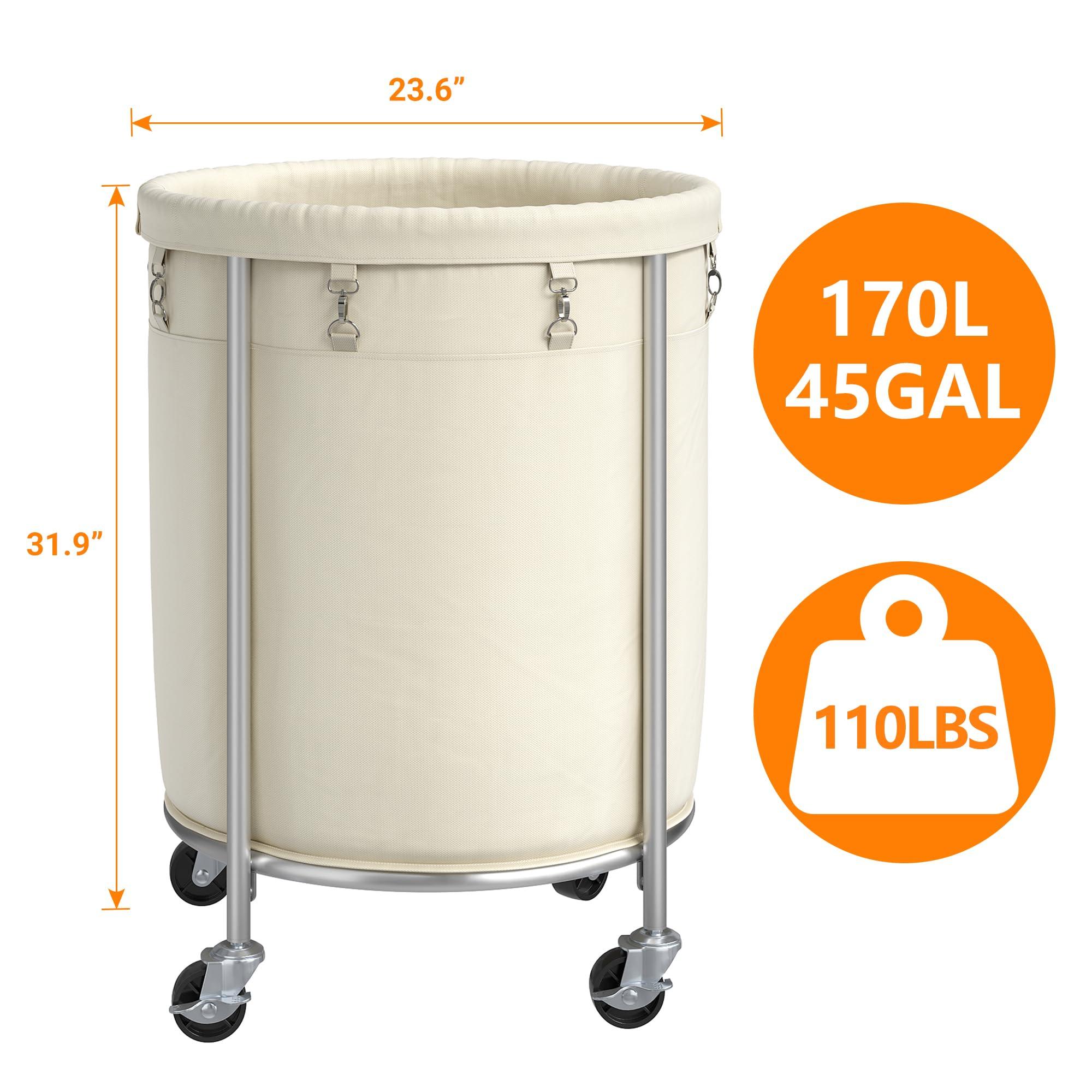 ELYKEN Laundry Basket with Wheels, 170L Rolling Laundry Hamper with Removable Bag and Steel Frame, Round Laundry Cart with 4 Casters and 2 Brakes, Ideal for Bedroom, Bathroom, Laundry Room, Cream - Image 3
