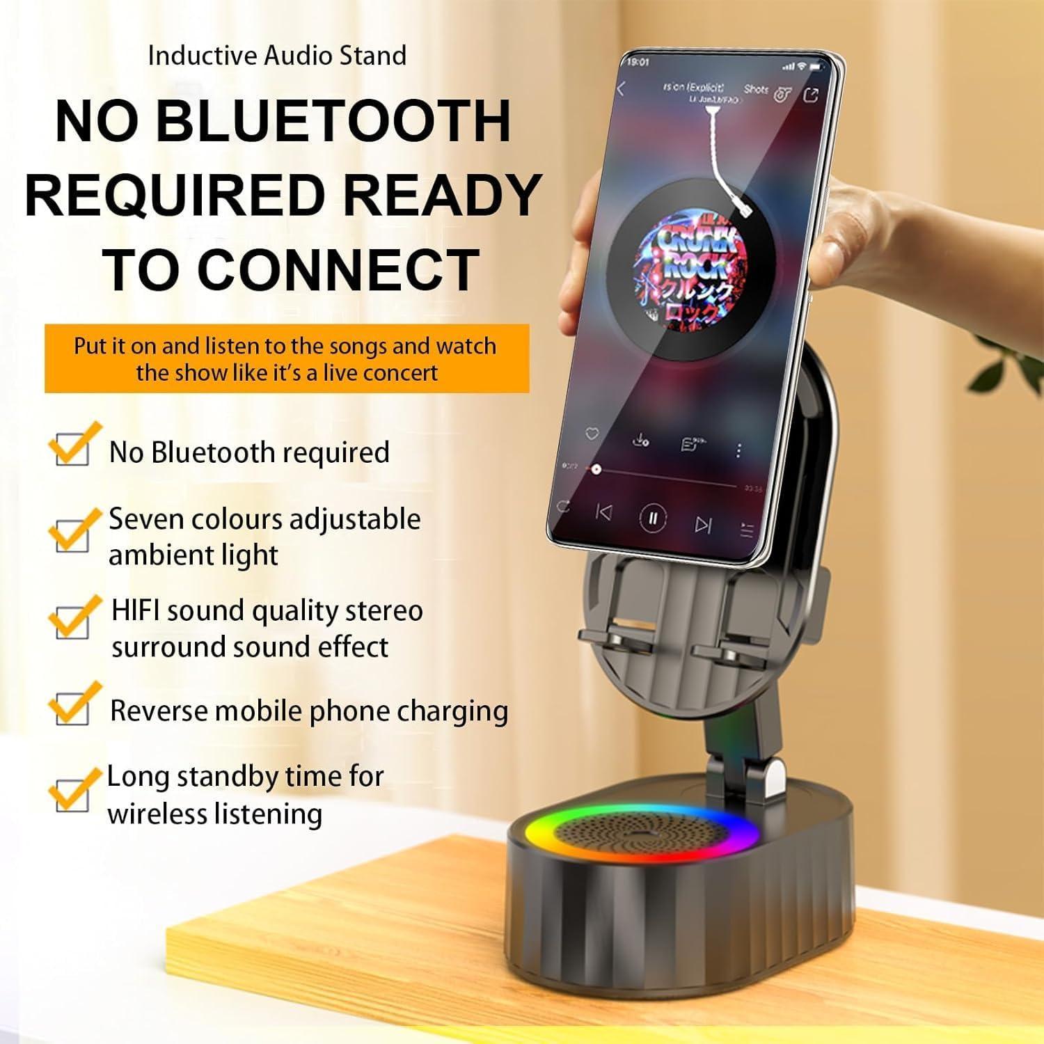 AKLLCCR Wireless Induction Audio Bluetooth Speaker 5in1 Phone Holder Emergency Rechargeable (3000mAh) with Colorful Ambient Light 300° Foldable for Tablet iPhone Android, Gifts for Men Women (Black) - Image 2