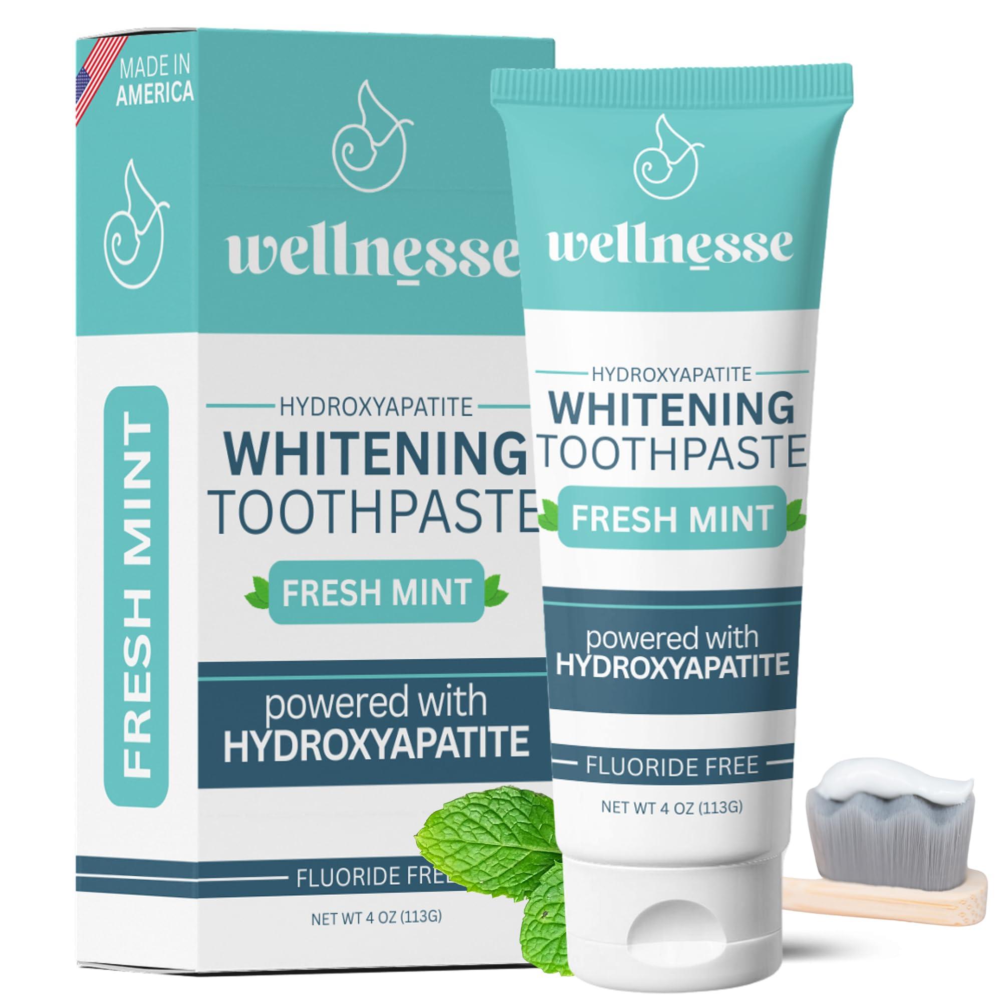 Wellnesse Whitening Hydroxyapatite Toothpaste with Xylitol, Natural Fluoride-Free Teeth Whitening Toothpaste for Adults, Strengthens Enamel, Supports Gum Health, Fresh Mint Flavor, 4 oz (Pack of 1)
