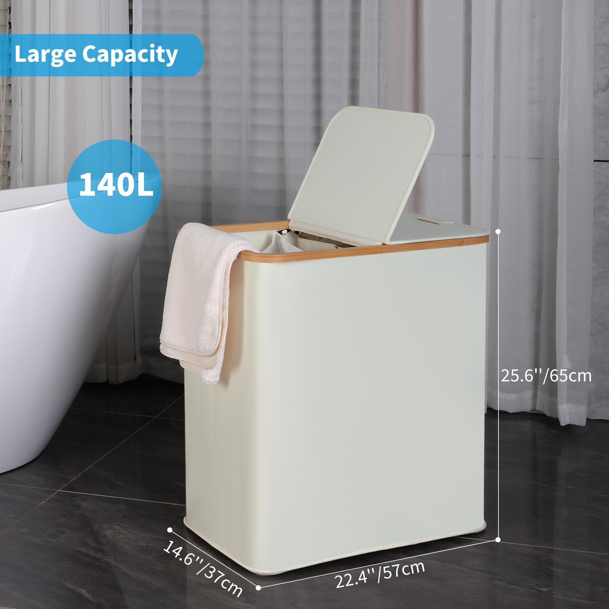 efluky Laundry Hamper with Lid, Double Laundry Hamper with 2 Removable Bags, 2 Section Laundry Basket with Bamboo Handles for Bathroom, Bedroom & Laundry Room, 140L (36.9 Gallon) Beige - Image 3
