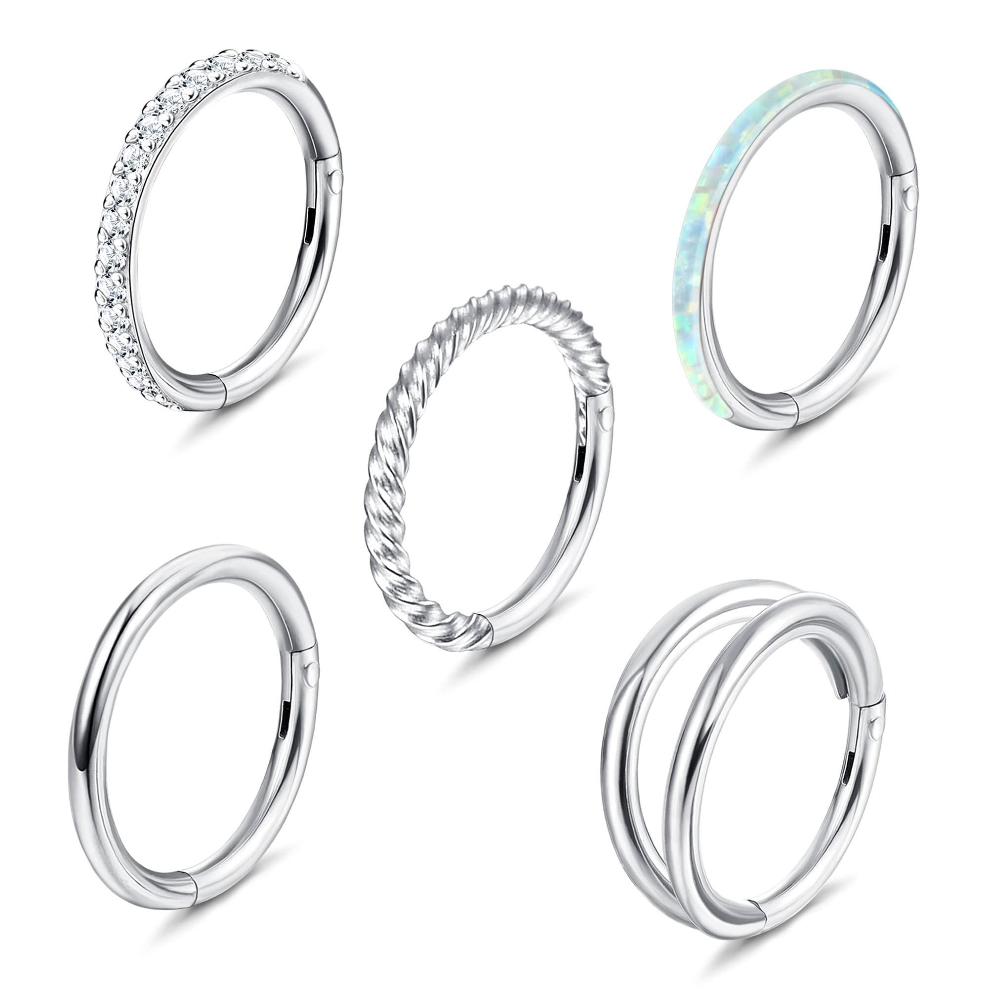 Jstyle 5Pcs 18G 16G Surgical Steel Nose Rings Hoop for Women Opal CZ Clicker Hinged Septum Nose Ring Lip Helix Cartilage Hoop Earring Daith Rook Conch Piercing Jewelry for Women 8mm 10mm