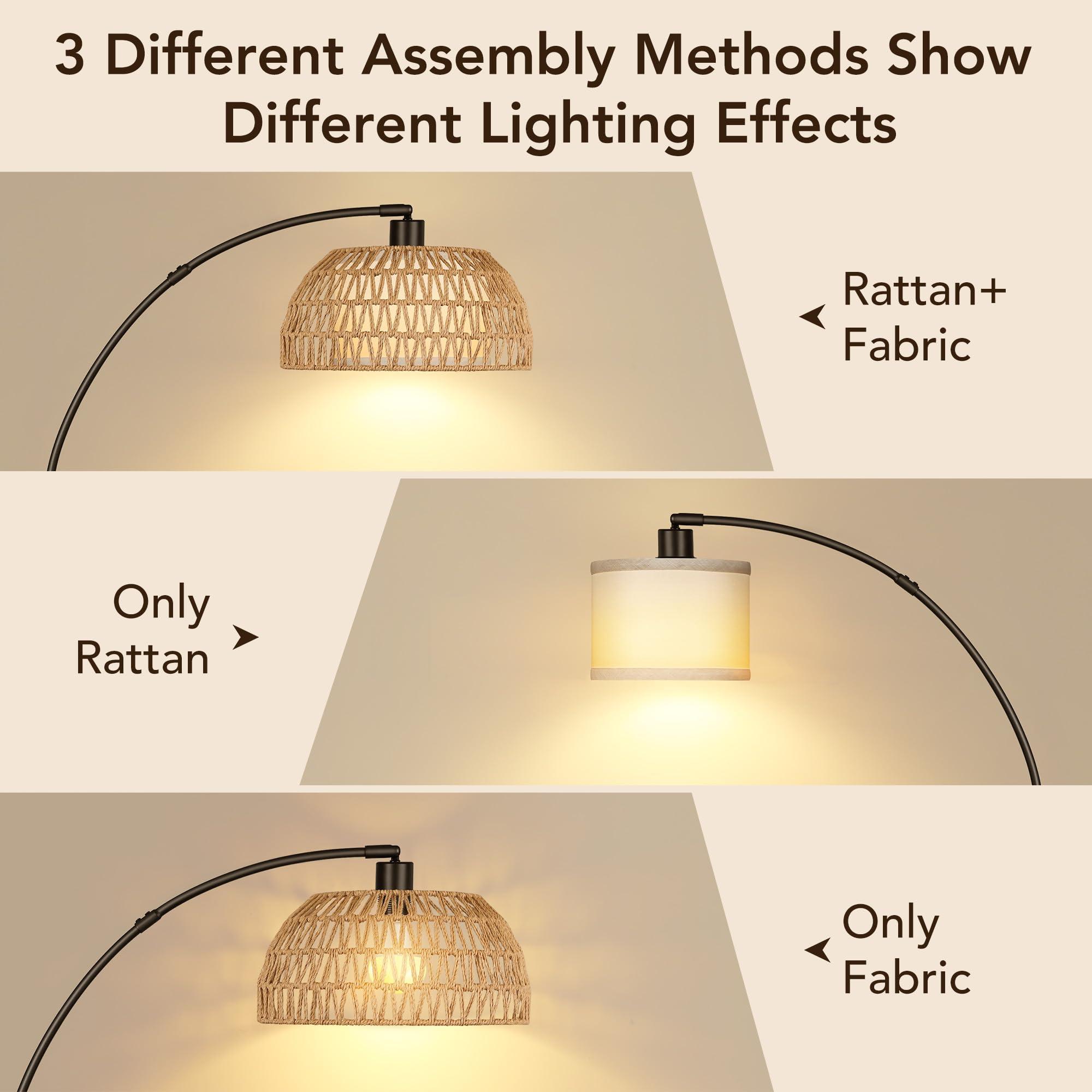 ROTTOGOON Arc Rattan Floor Lamps for Living Room with 3 Color Temperatures, Boho Floor Lamps with Foot Switch, Bohemian Farmhouse Standing Tall Lamps for Bedroom, Office, Bulb Included, 9W, Black - Image 5