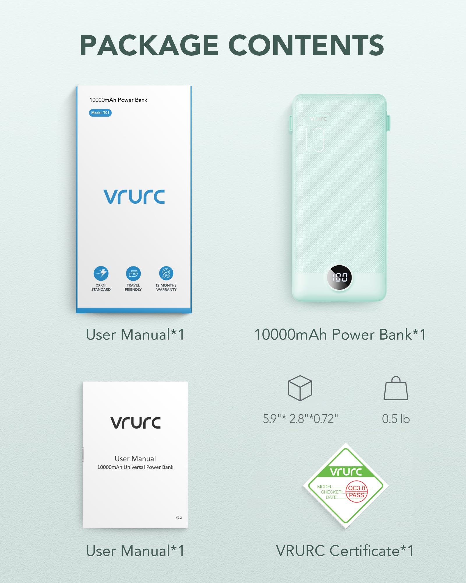 VRURC Portable Charger Built-in Cables and AC Wall Plug, USB C Power Bank 10000mAh, Travel Battery Portable Phone Charger Compact Lightweight External Battery Pack for Smart Phones, Tablets etc-Green - Image 8