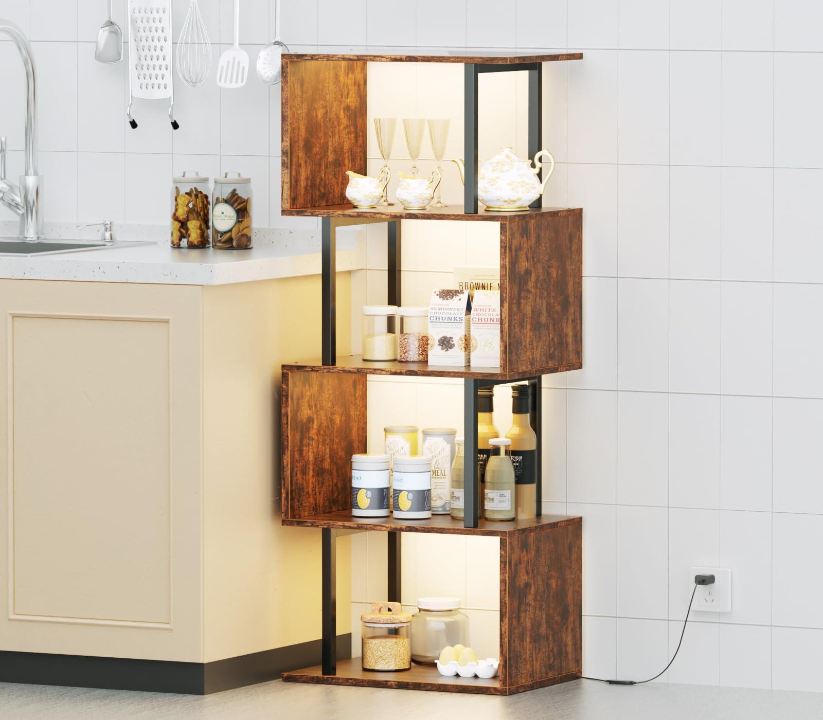 Furologee 5 Tier Geometric Bookshelf with LED Light, Small S-Shaped Bookcase, Industrial Display Standing Shelf, Metal Wooden Decorative Storage Shelves for Bedroom, Living Room, Office, Rustic Brown - Image 9