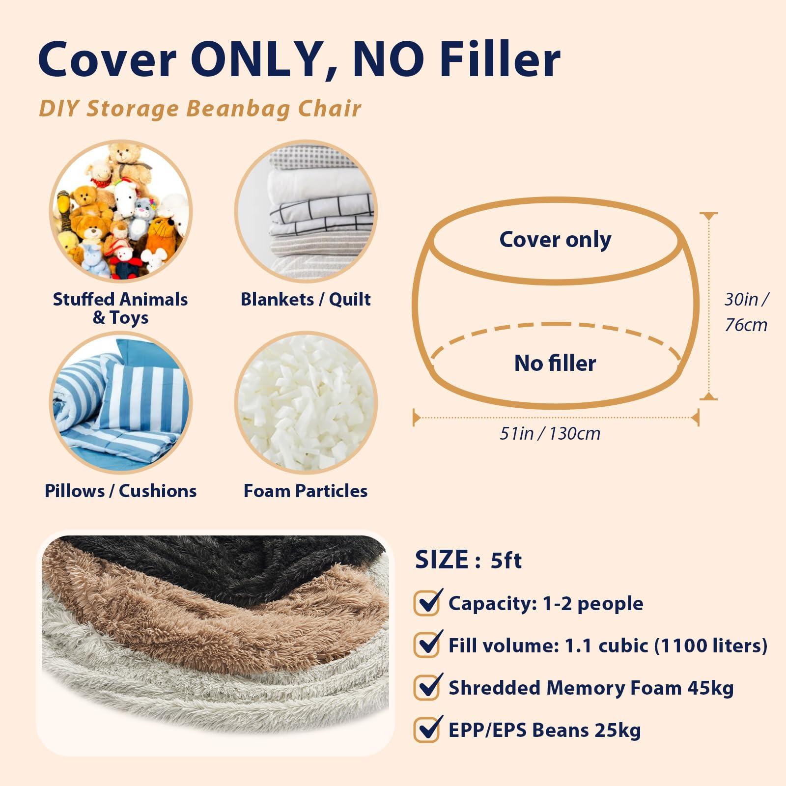Bean Bag Chair Cover, Waterproof Faux Fur Bean Bag Cover Only(No Filler), 5FT Round Beanbag Chair with Pocket, Big Giant Bean Bags Chairs for Adults Kids Teens, Stuffed Animal Storage - Image 6