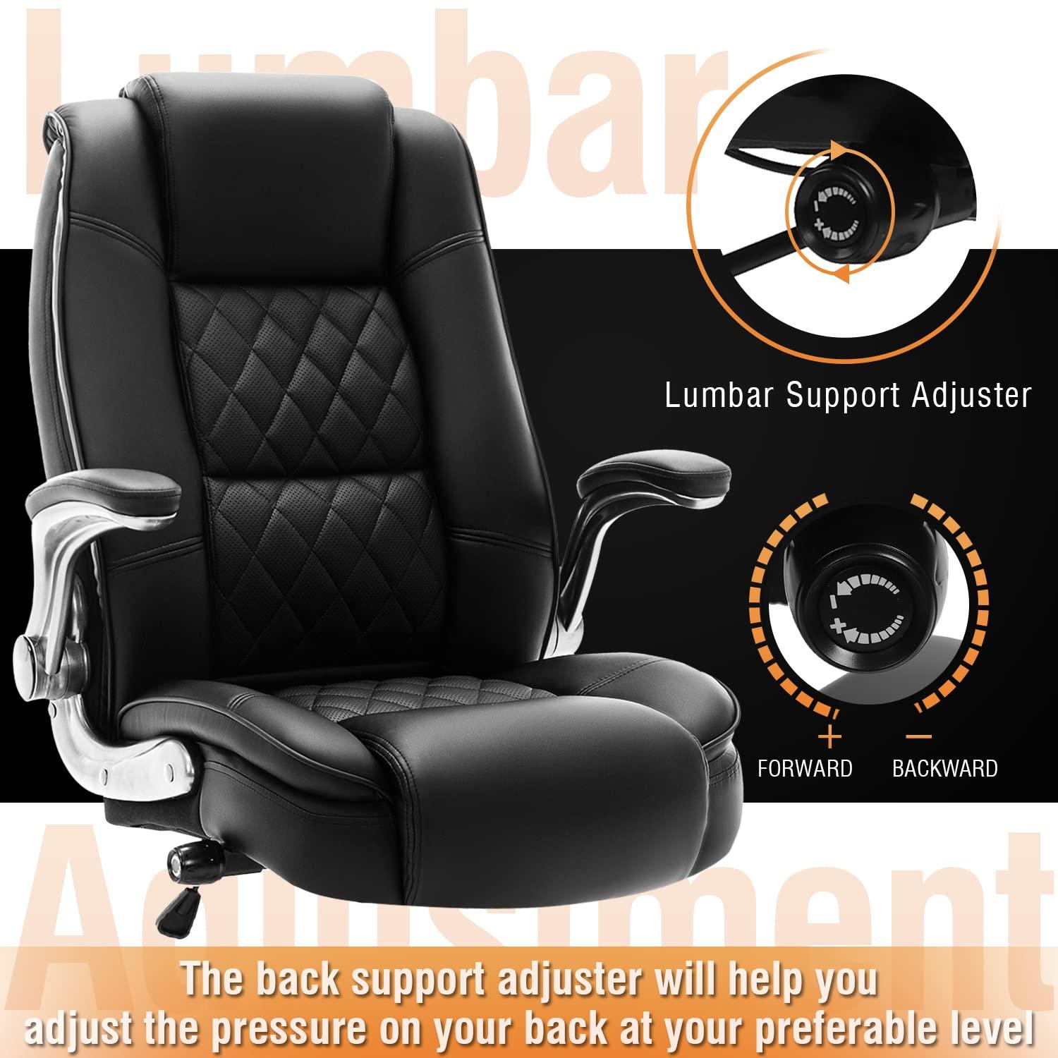 High Back Office Chair- Flip Arms Adjustable Built-in Lumbar Support, Executive Computer Desk Chair Work Chairs, Thick Padded Strong Metal Base Quiet Wheels, Ergonomic Design for Back Pain - Image 4