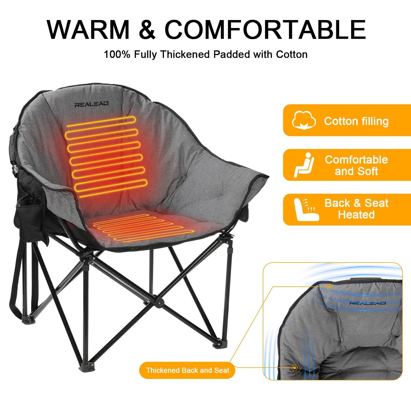 REALEAD Oversized Heated Camping Chair | Fully Thick Padded | Heated Chairs for Outdoor Sports with Back and Seat Heating | Heated Folding Chair for Adults | Support 400lbs | Battery NOT Included - Image 5