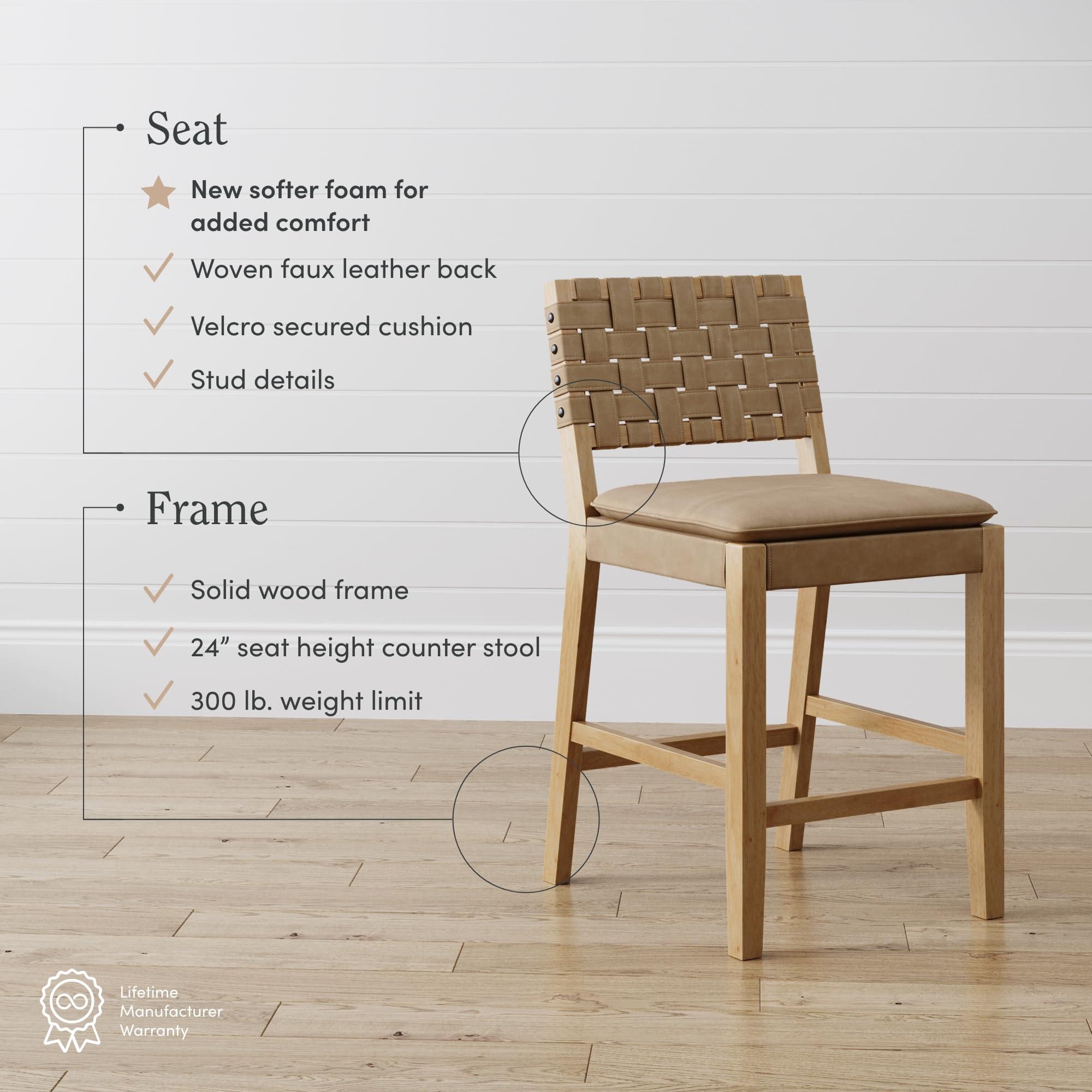 Nathan James Cohen Mid-Century Modern Leather Bar Stool, Counter Height Chair in Solid Wood Frame with Footrest and Woven Leather Back for Kitchen, Natural Brown, 1 count, Barstool - 24" - Image 4